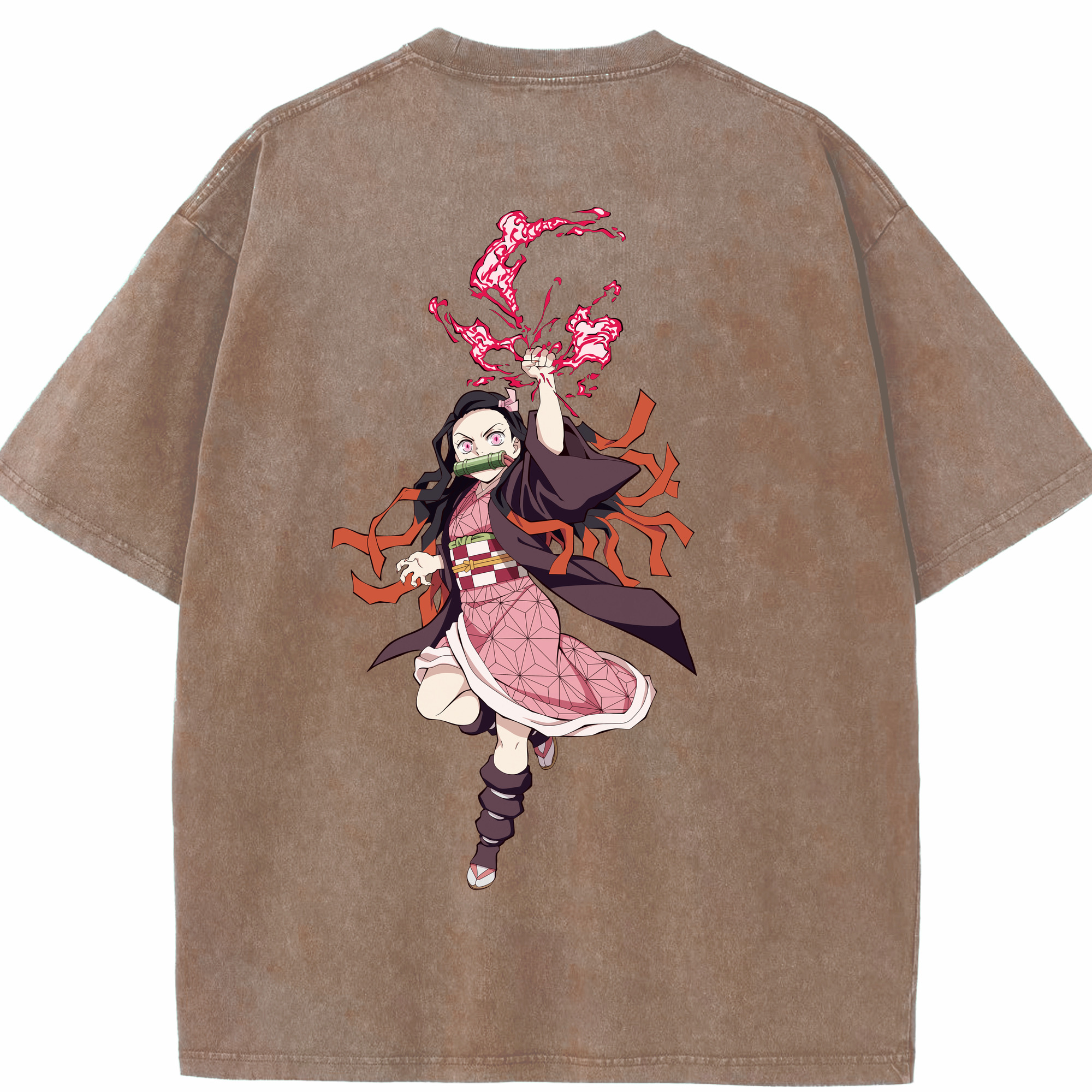 （画像用） 鬼滅の刃（きめつのやいば）竈門 禰󠄀豆子／かまど ねずこ Kamado Nezuko 綿100% ヴィンテージ風 半袖Tシャツ（背面プリント）