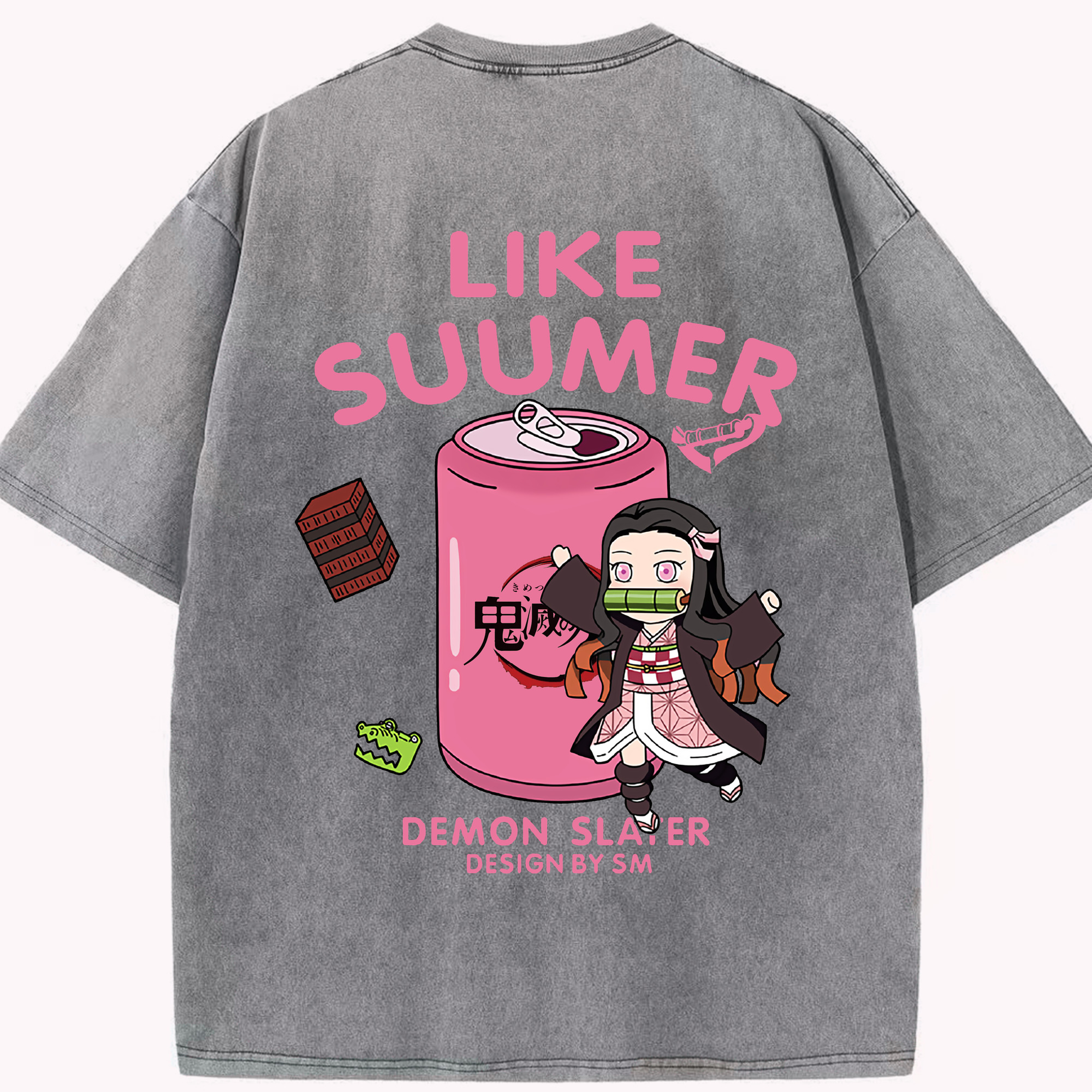 （画像用） 鬼滅の刃（きめつのやいば）竈門 禰󠄀豆子／かまど ねずこ Kamado Nezuko 綿100% ヴィンテージ風 半袖Tシャツ（背面プリント）