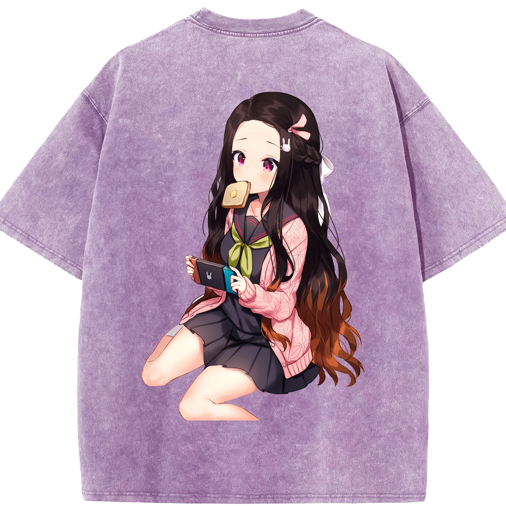 （画像用） 鬼滅の刃（きめつのやいば）竈門 禰󠄀豆子／かまど ねずこ Kamado Nezuko 綿100% ヴィンテージ風 半袖Tシャツ（背面プリント）