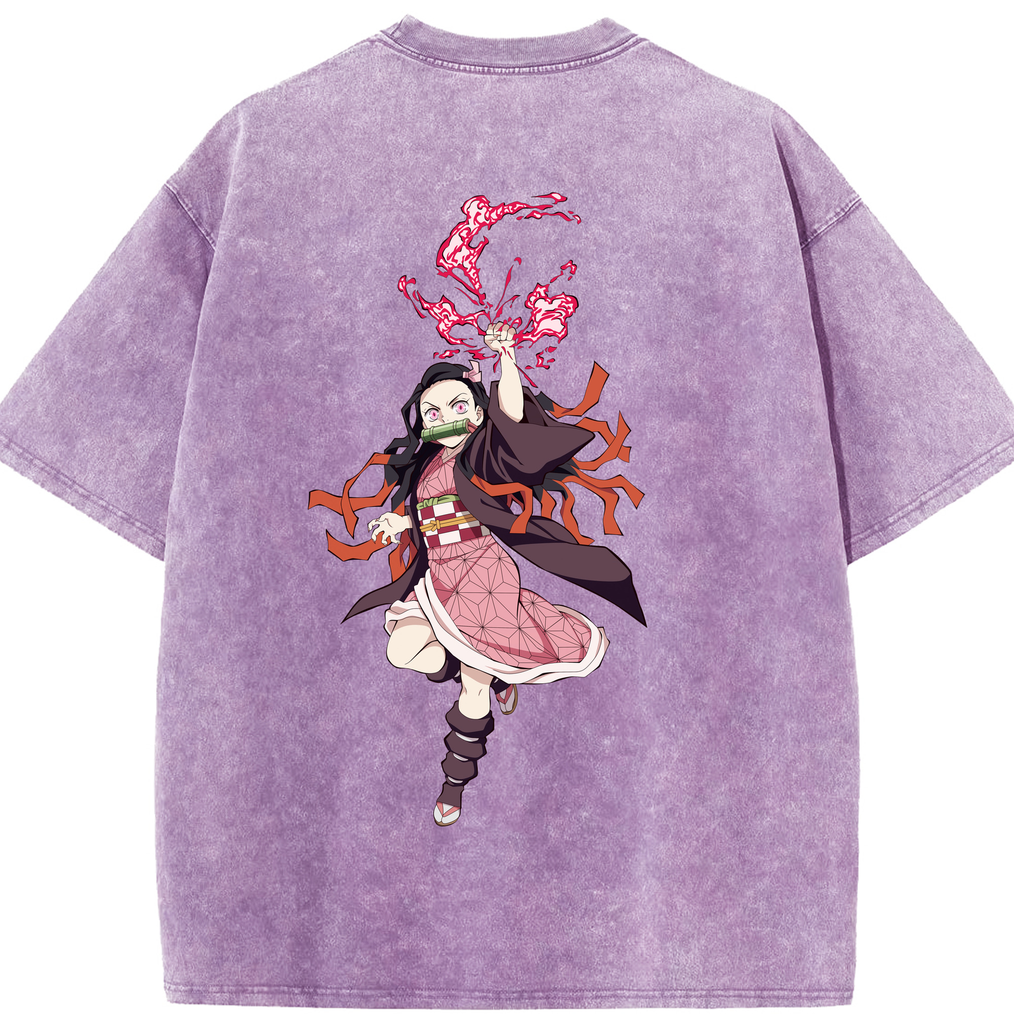（画像用） 鬼滅の刃（きめつのやいば）竈門 禰󠄀豆子／かまど ねずこ Kamado Nezuko 綿100% ヴィンテージ風 半袖Tシャツ（背面プリント）