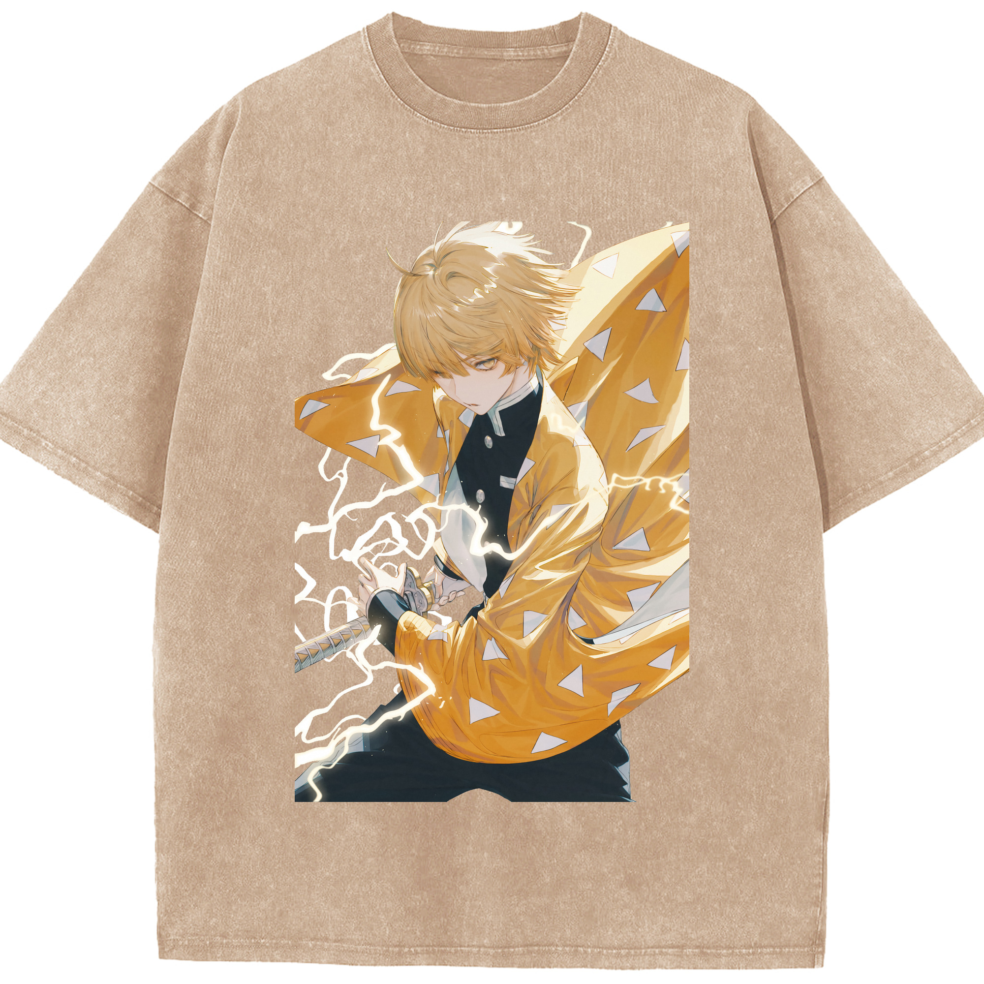 （画像用） 鬼滅の刃（きめつのやいば）我妻 善逸／あがつま ぜんいつ Agatsuma Zenitsu 綿100% ヴィンテージ風 半袖Tシャツ（フロントプリント）