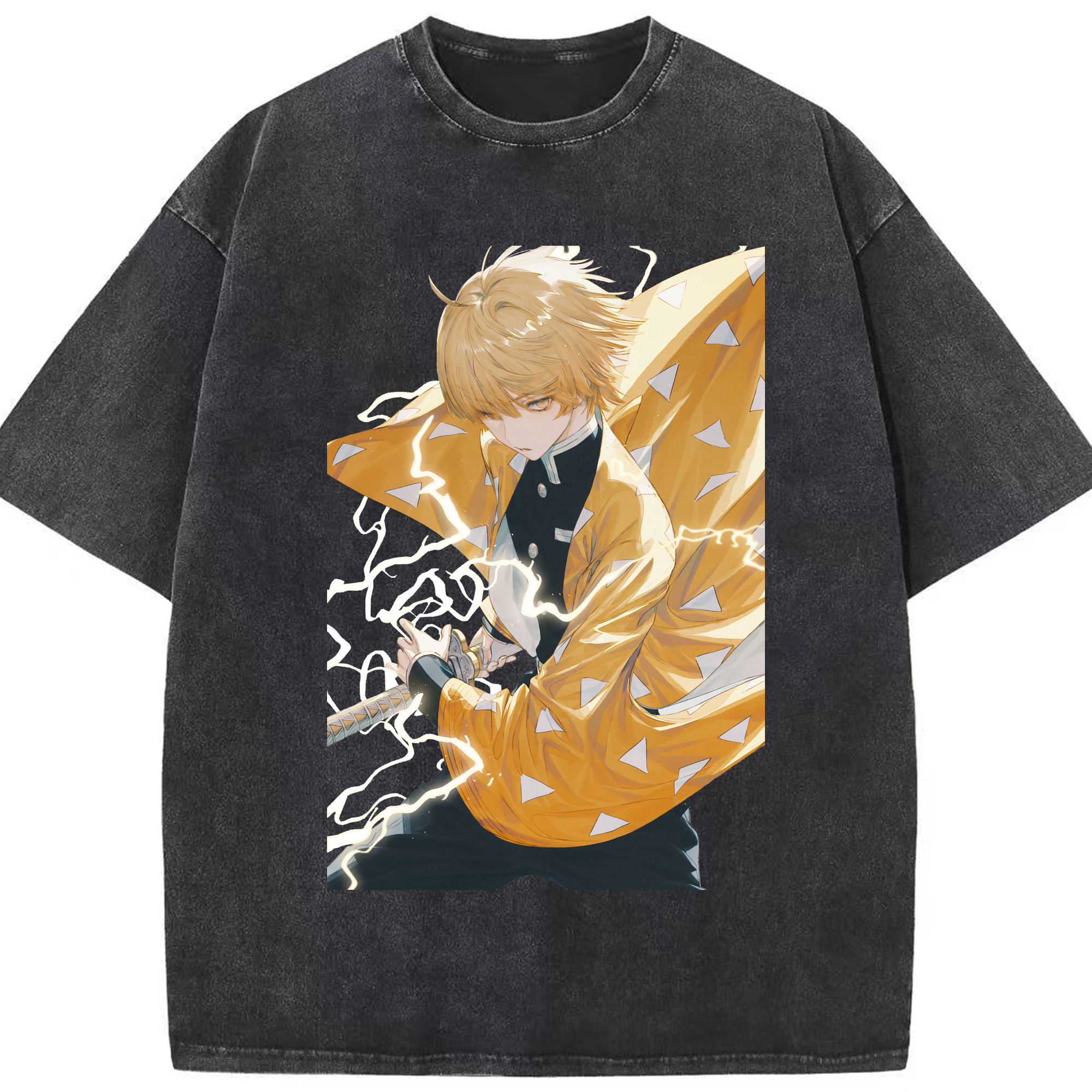 （画像用） 鬼滅の刃（きめつのやいば）我妻 善逸／あがつま ぜんいつ Agatsuma Zenitsu 綿100% ヴィンテージ風 半袖Tシャツ（フロントプリント）