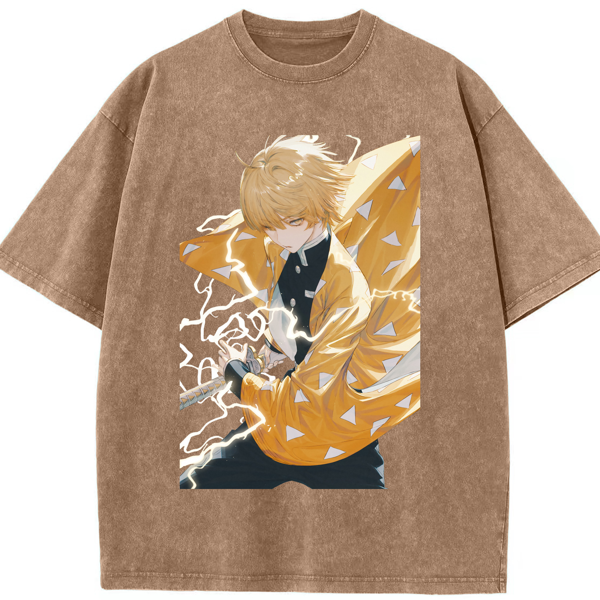 （画像用） 鬼滅の刃（きめつのやいば）我妻 善逸／あがつま ぜんいつ Agatsuma Zenitsu 綿100% ヴィンテージ風 半袖Tシャツ（フロントプリント）