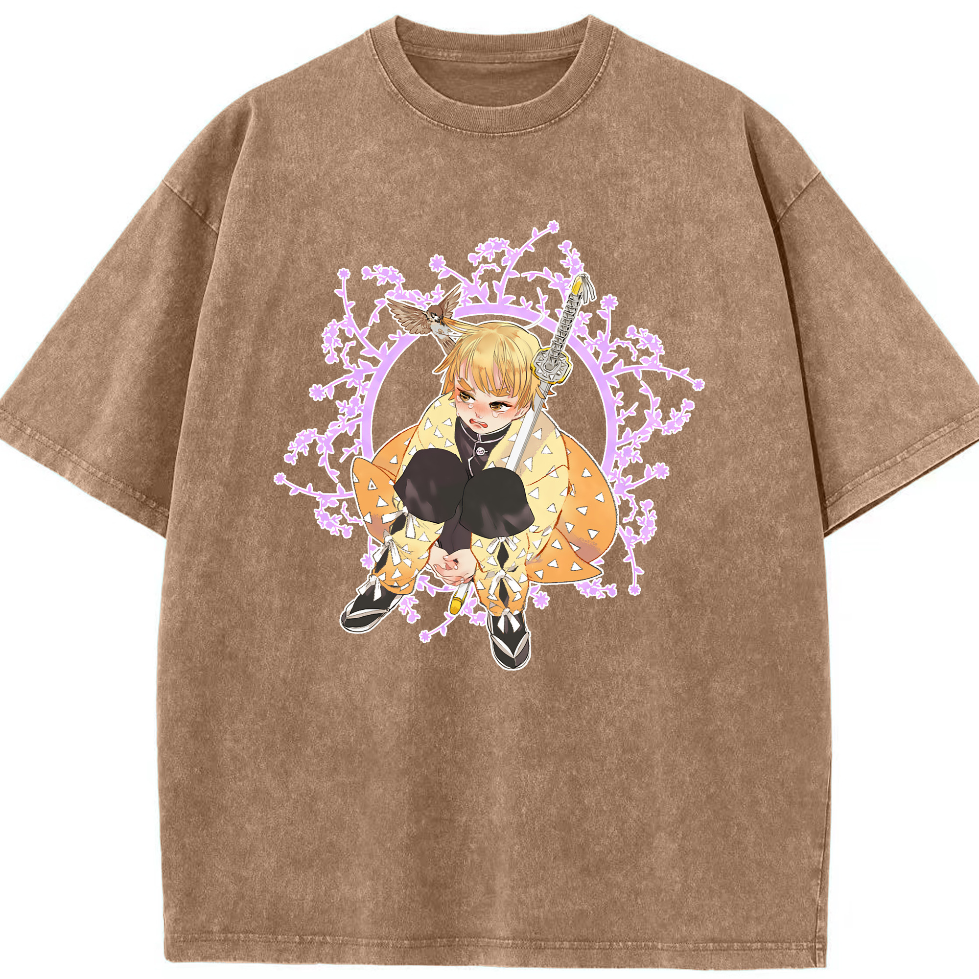 （画像用） 鬼滅の刃（きめつのやいば）我妻 善逸／あがつま ぜんいつ Agatsuma Zenitsu 綿100% ヴィンテージ風 半袖Tシャツ（フロントプリント）