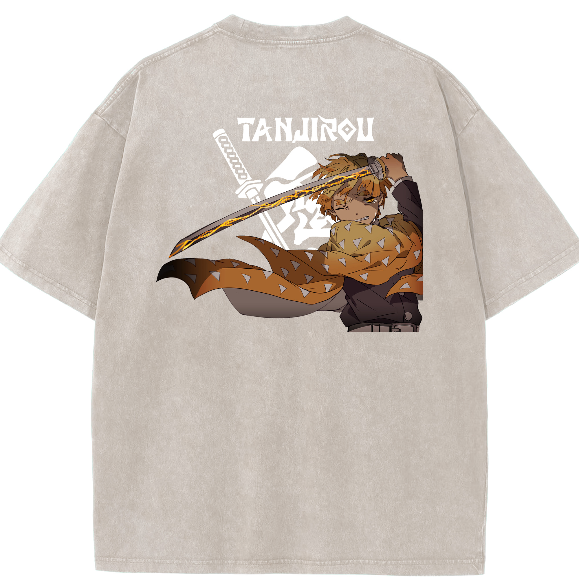 （画像用） 鬼滅の刃（きめつのやいば）我妻 善逸／あがつま ぜんいつ Agatsuma Zenitsu 綿100% ヴィンテージ風 半袖Tシャツ（背面プリント）