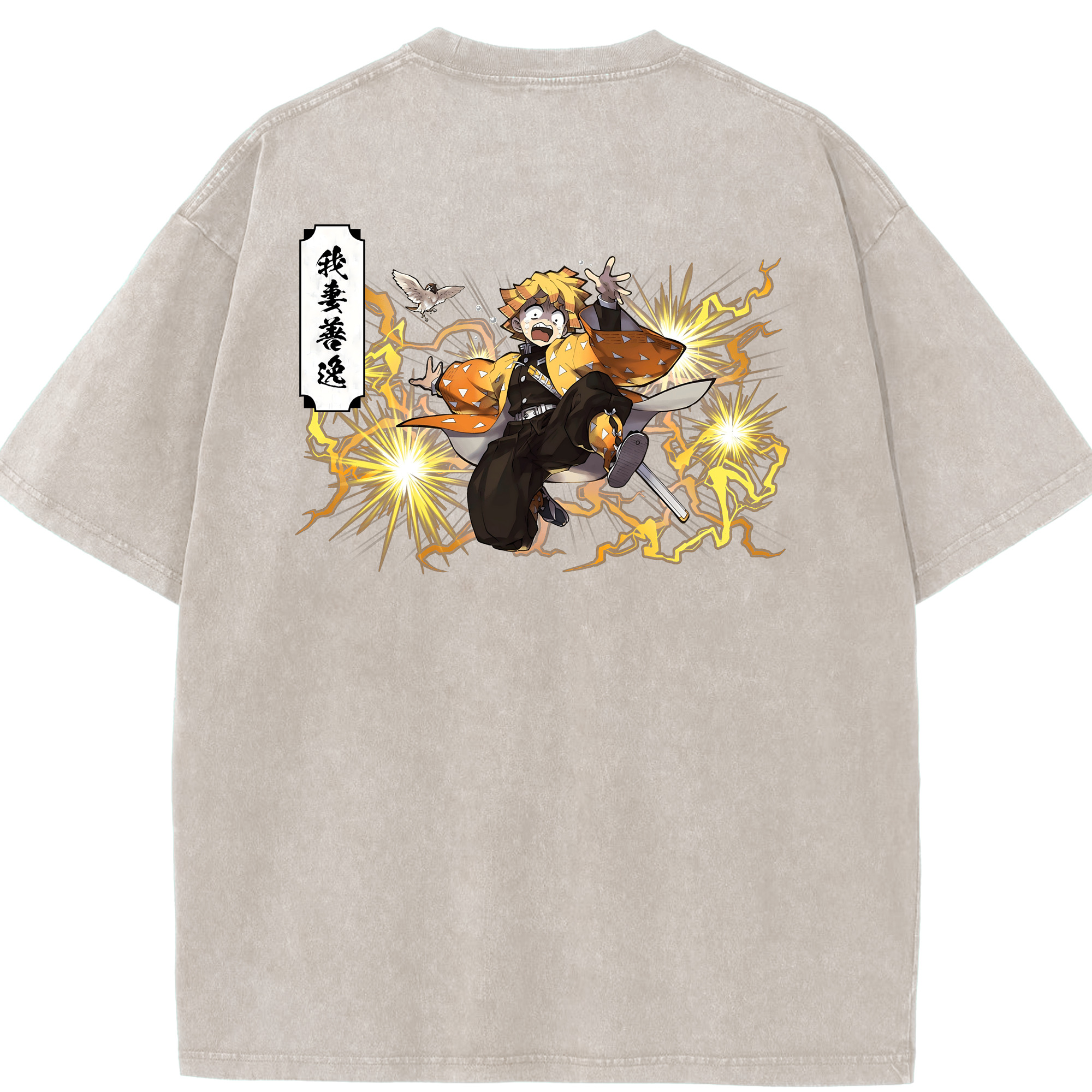 （画像用） 鬼滅の刃（きめつのやいば）我妻 善逸／あがつま ぜんいつ Agatsuma Zenitsu 綿100% ヴィンテージ風 半袖Tシャツ（背面プリント）