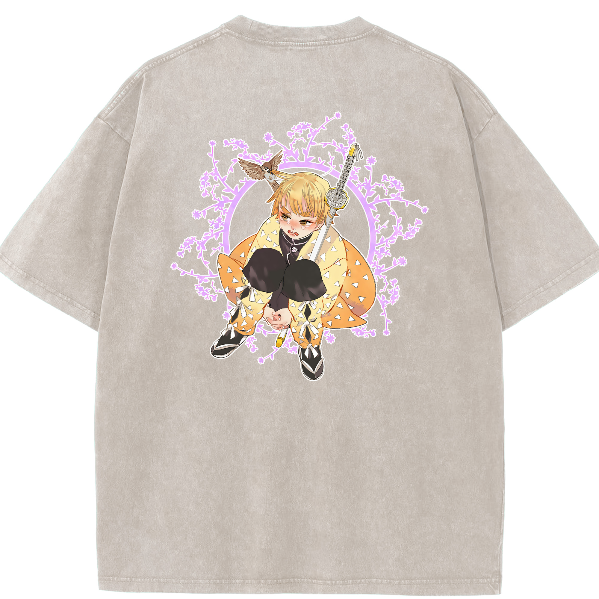 （画像用） 鬼滅の刃（きめつのやいば）我妻 善逸／あがつま ぜんいつ Agatsuma Zenitsu 綿100% ヴィンテージ風 半袖Tシャツ（背面プリント）