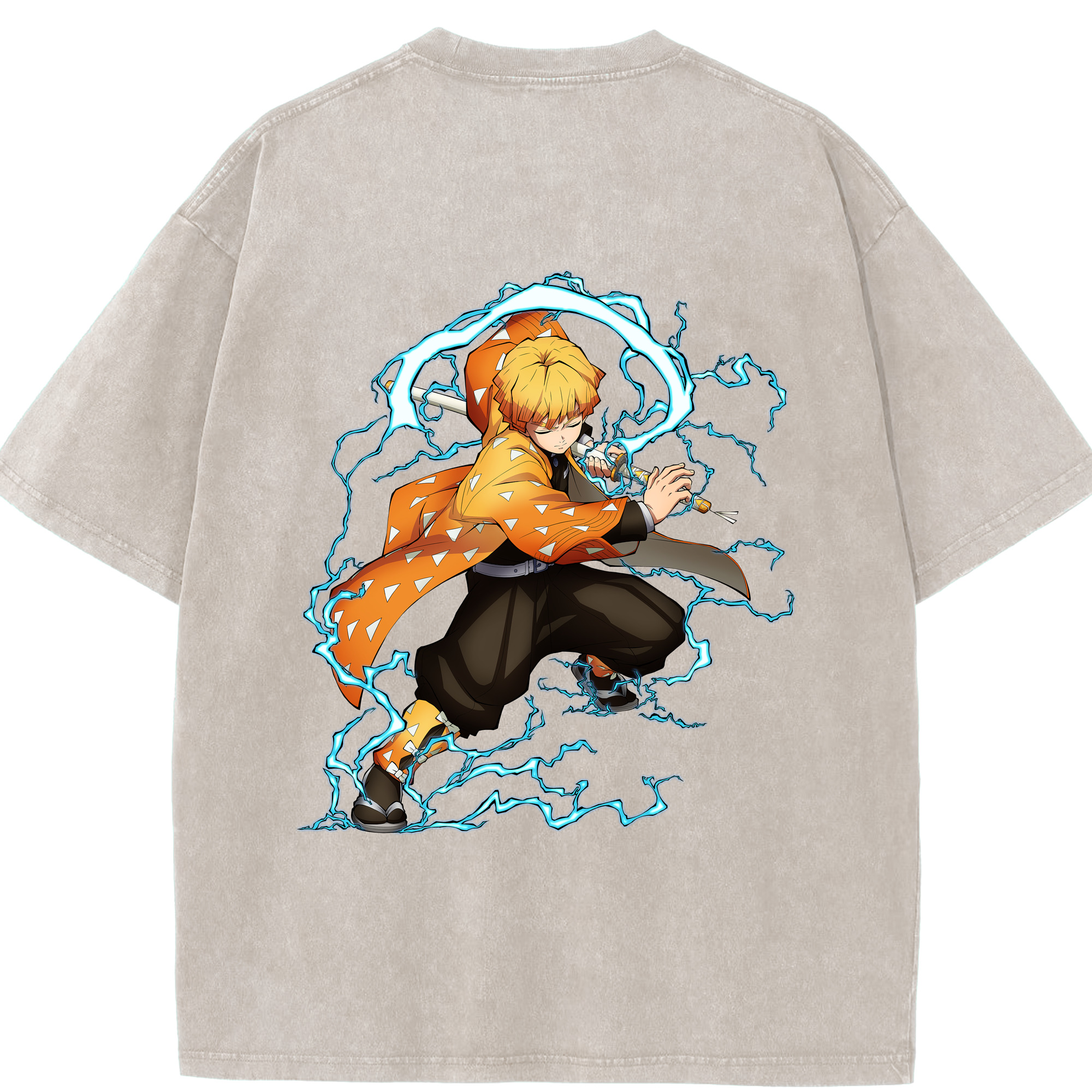 （画像用） 鬼滅の刃（きめつのやいば）我妻 善逸／あがつま ぜんいつ Agatsuma Zenitsu 綿100% ヴィンテージ風 半袖Tシャツ（背面プリント）