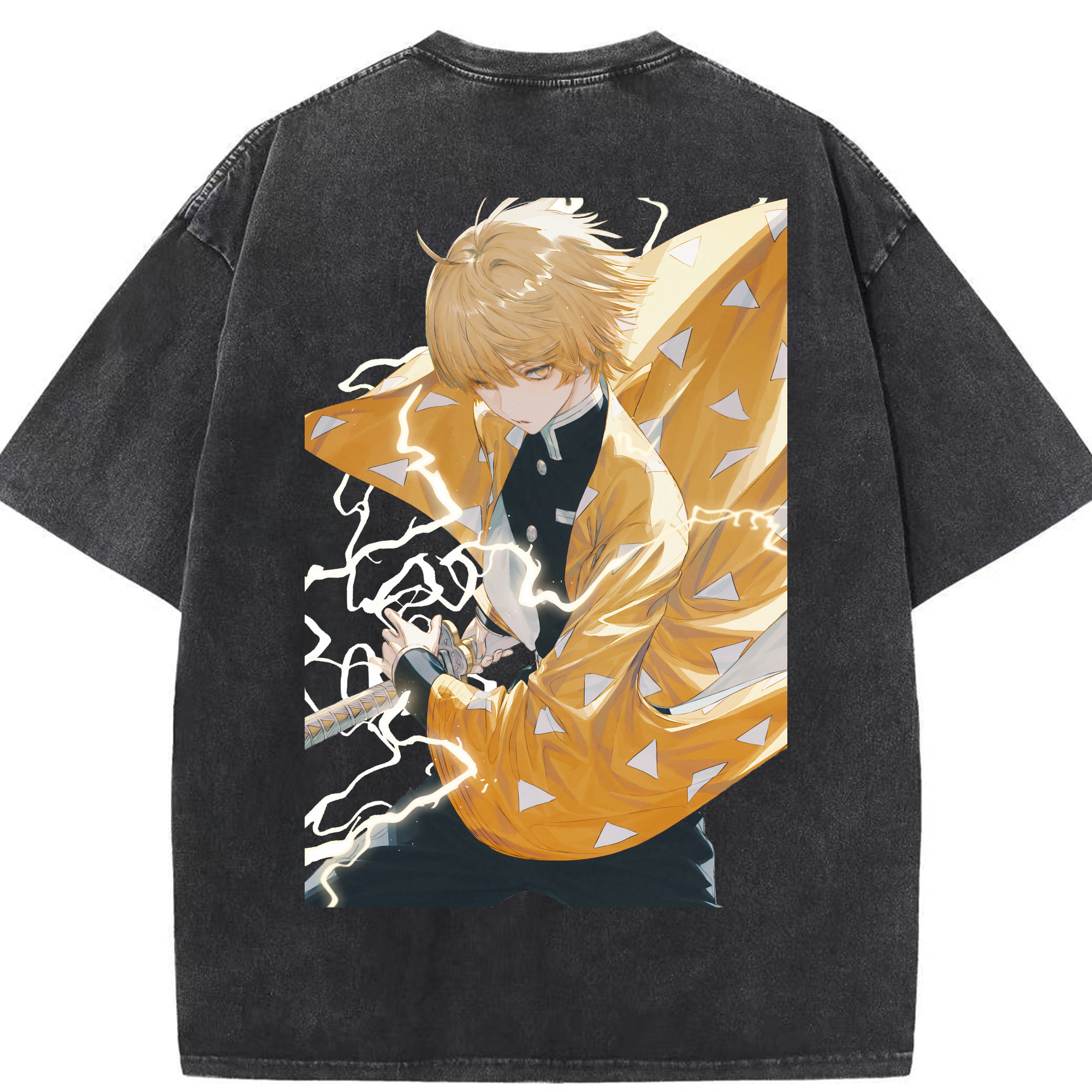 （画像用） 鬼滅の刃（きめつのやいば）我妻 善逸／あがつま ぜんいつ Agatsuma Zenitsu 綿100% ヴィンテージ風 半袖Tシャツ（背面プリント）