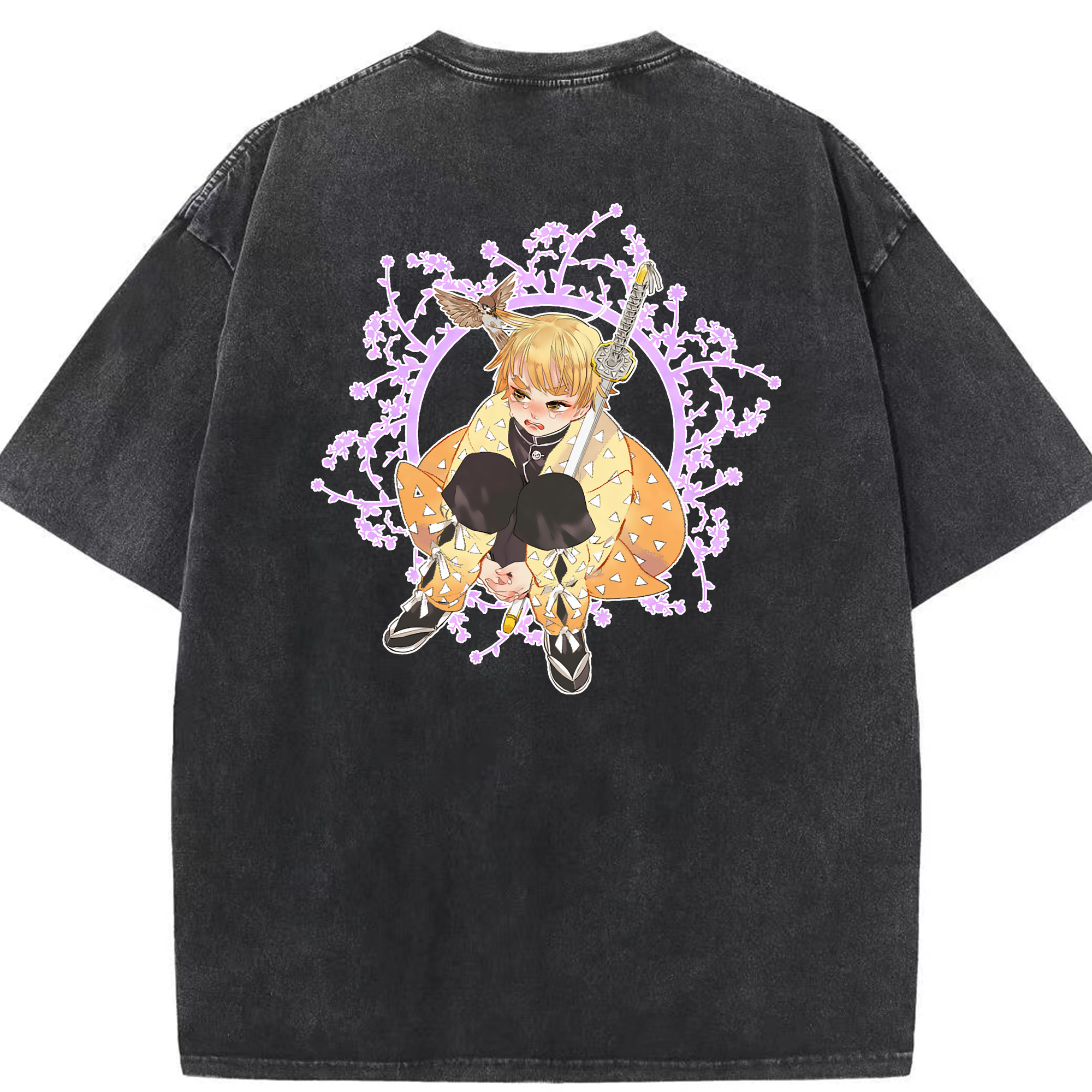 （画像用） 鬼滅の刃（きめつのやいば）我妻 善逸／あがつま ぜんいつ Agatsuma Zenitsu 綿100% ヴィンテージ風 半袖Tシャツ（背面プリント）
