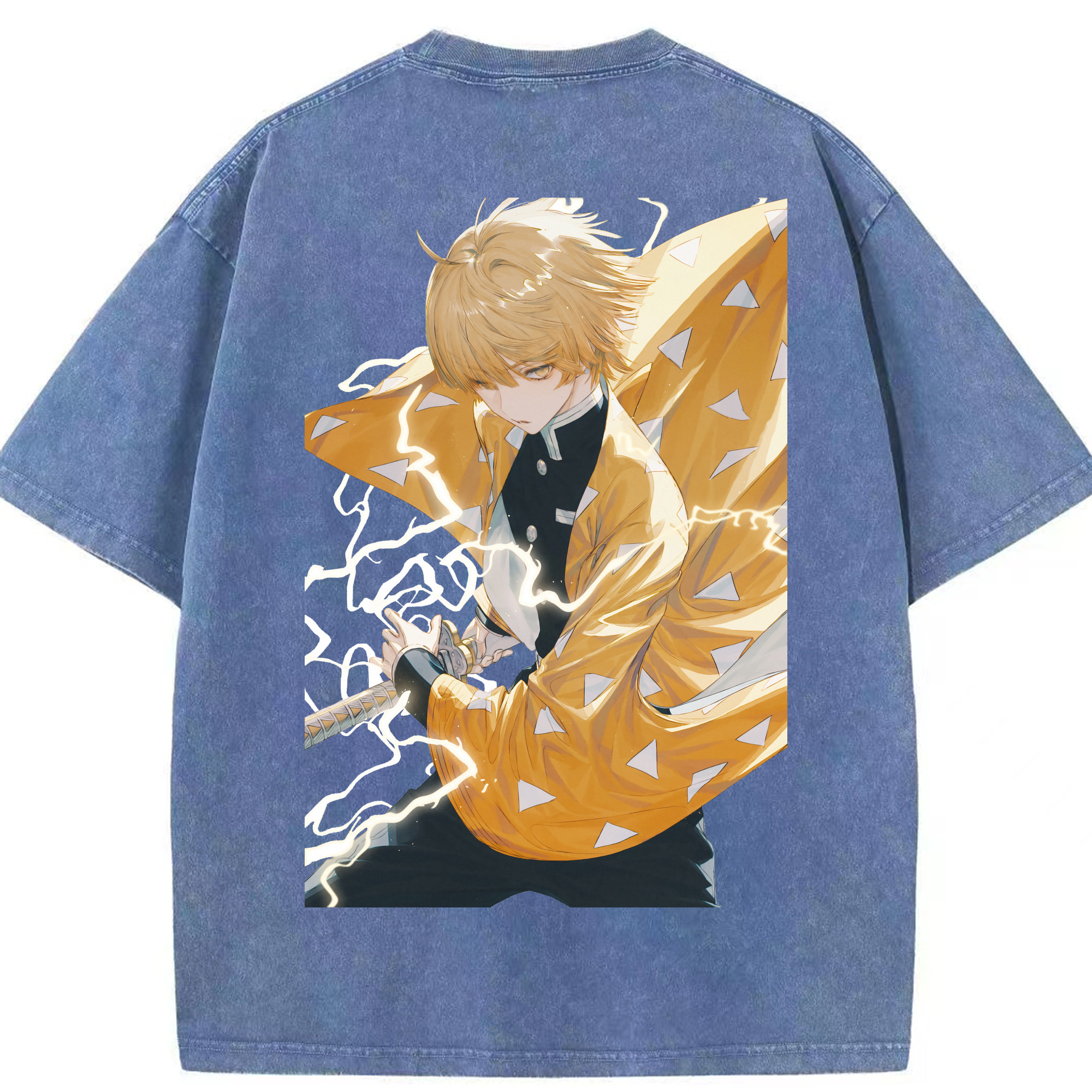 （画像用） 鬼滅の刃（きめつのやいば）我妻 善逸／あがつま ぜんいつ Agatsuma Zenitsu 綿100% ヴィンテージ風 半袖Tシャツ（背面プリント）