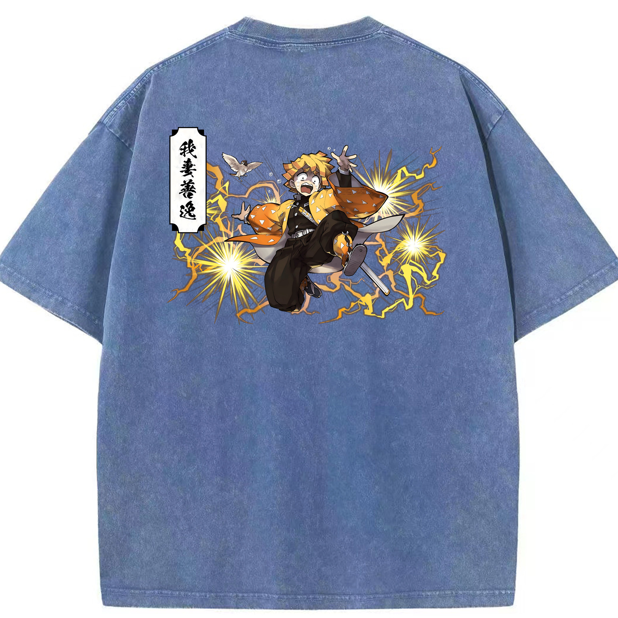 （画像用） 鬼滅の刃（きめつのやいば）我妻 善逸／あがつま ぜんいつ Agatsuma Zenitsu 綿100% ヴィンテージ風 半袖Tシャツ（背面プリント）