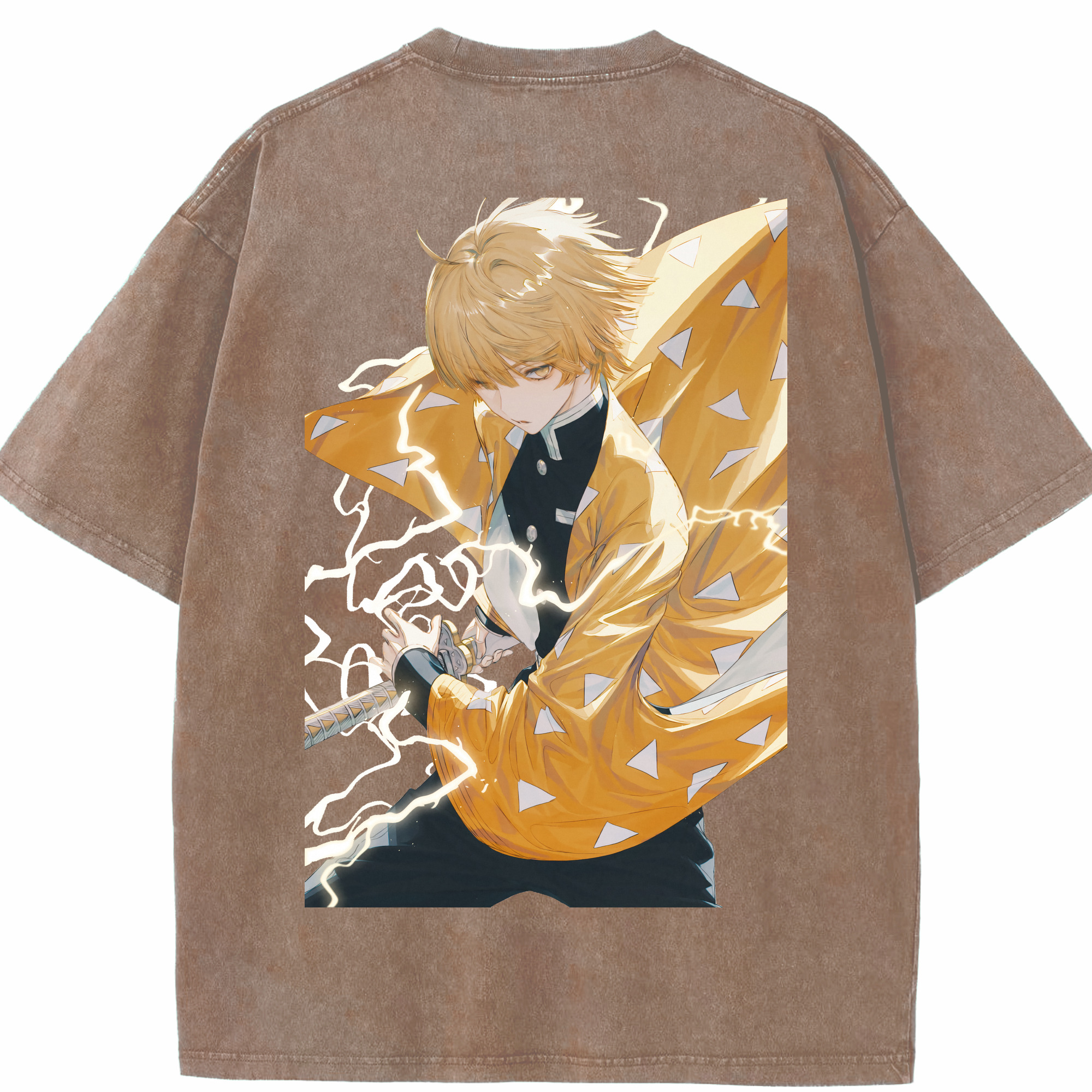 （画像用） 鬼滅の刃（きめつのやいば）我妻 善逸／あがつま ぜんいつ Agatsuma Zenitsu 綿100% ヴィンテージ風 半袖Tシャツ（背面プリント）