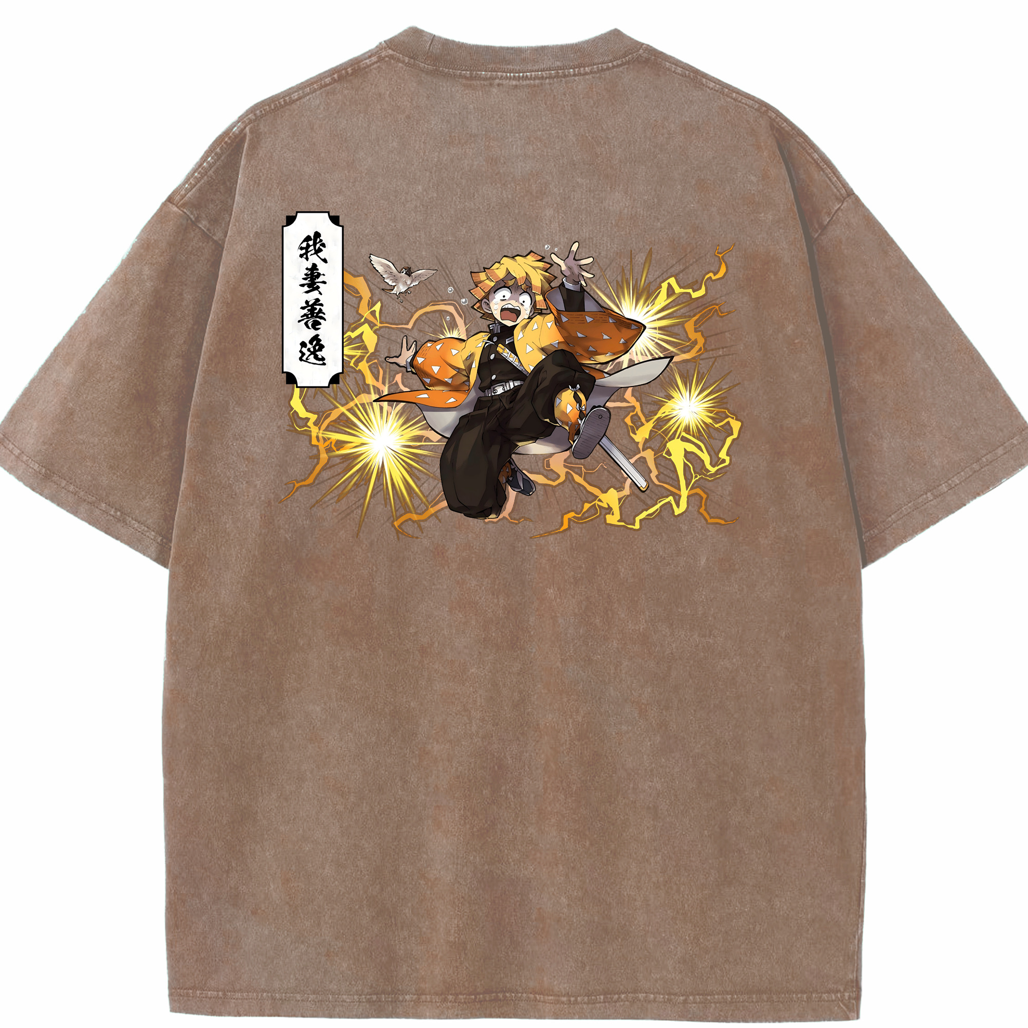 （画像用） 鬼滅の刃（きめつのやいば）我妻 善逸／あがつま ぜんいつ Agatsuma Zenitsu 綿100% ヴィンテージ風 半袖Tシャツ（背面プリント）