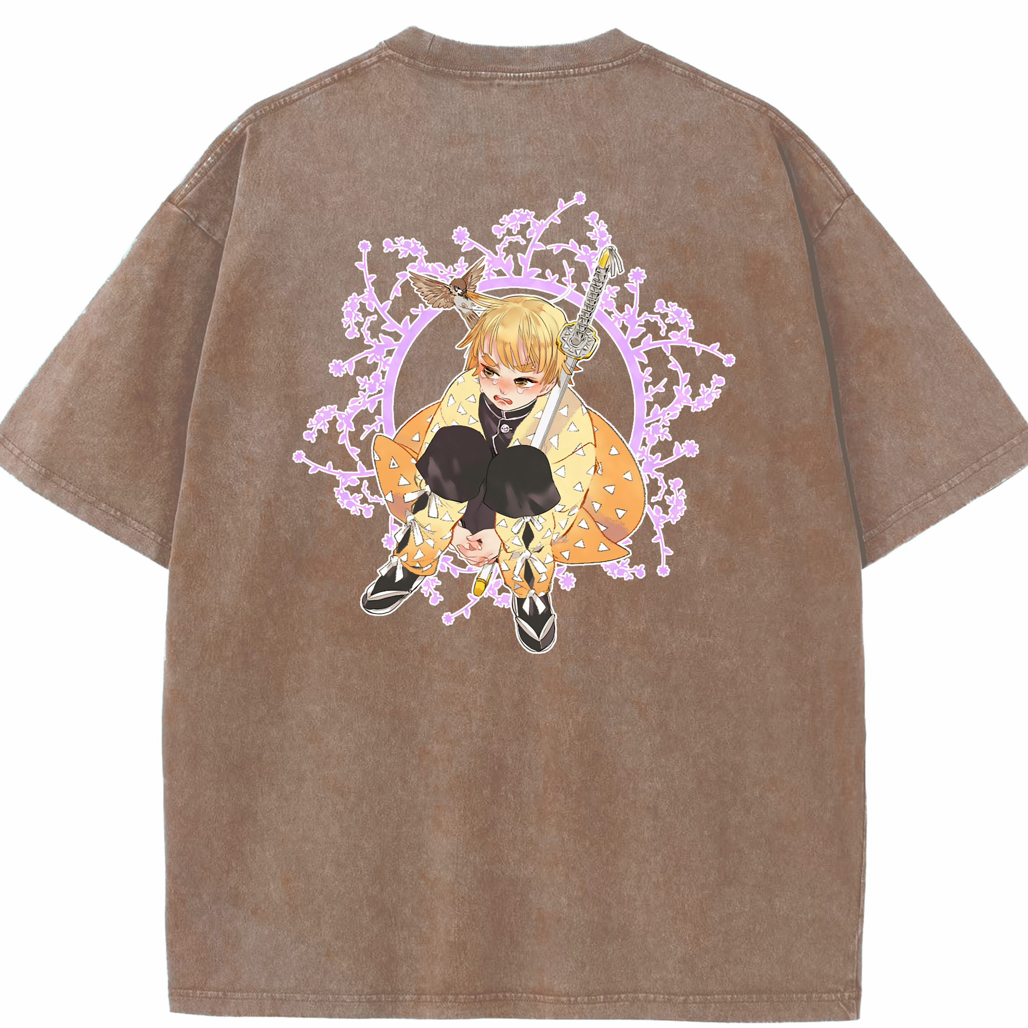 （画像用） 鬼滅の刃（きめつのやいば）我妻 善逸／あがつま ぜんいつ Agatsuma Zenitsu 綿100% ヴィンテージ風 半袖Tシャツ（背面プリント）
