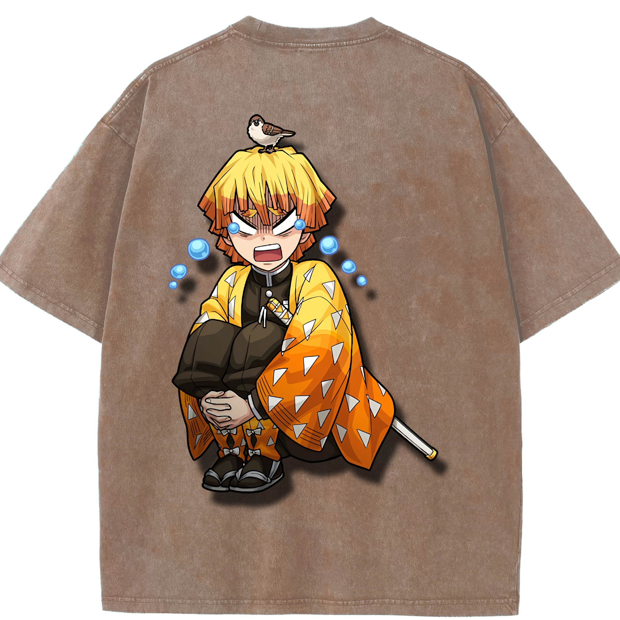 （画像用） 鬼滅の刃（きめつのやいば）我妻 善逸／あがつま ぜんいつ Agatsuma Zenitsu 綿100% ヴィンテージ風 半袖Tシャツ（背面プリント）