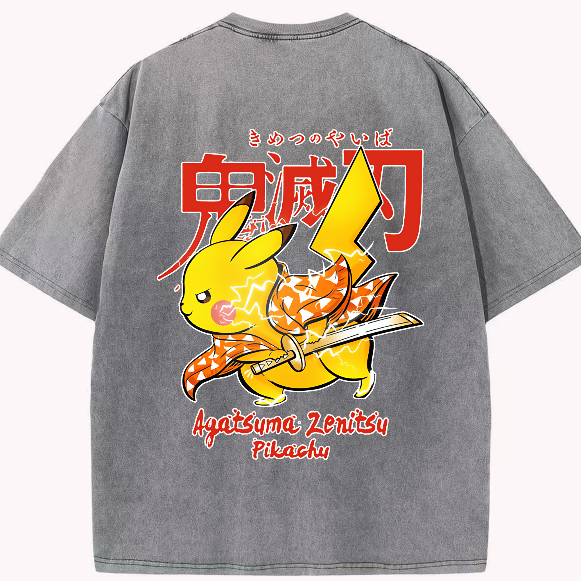 （画像用） 鬼滅の刃（きめつのやいば）我妻 善逸／あがつま ぜんいつ Agatsuma Zenitsu 綿100% ヴィンテージ風 半袖Tシャツ（背面プリント）