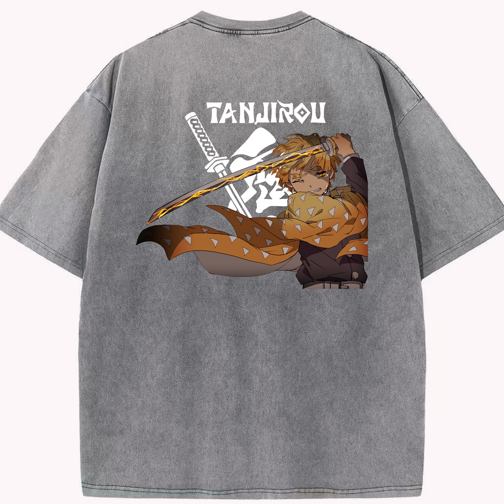（画像用） 鬼滅の刃（きめつのやいば）我妻 善逸／あがつま ぜんいつ Agatsuma Zenitsu 綿100% ヴィンテージ風 半袖Tシャツ（背面プリント）