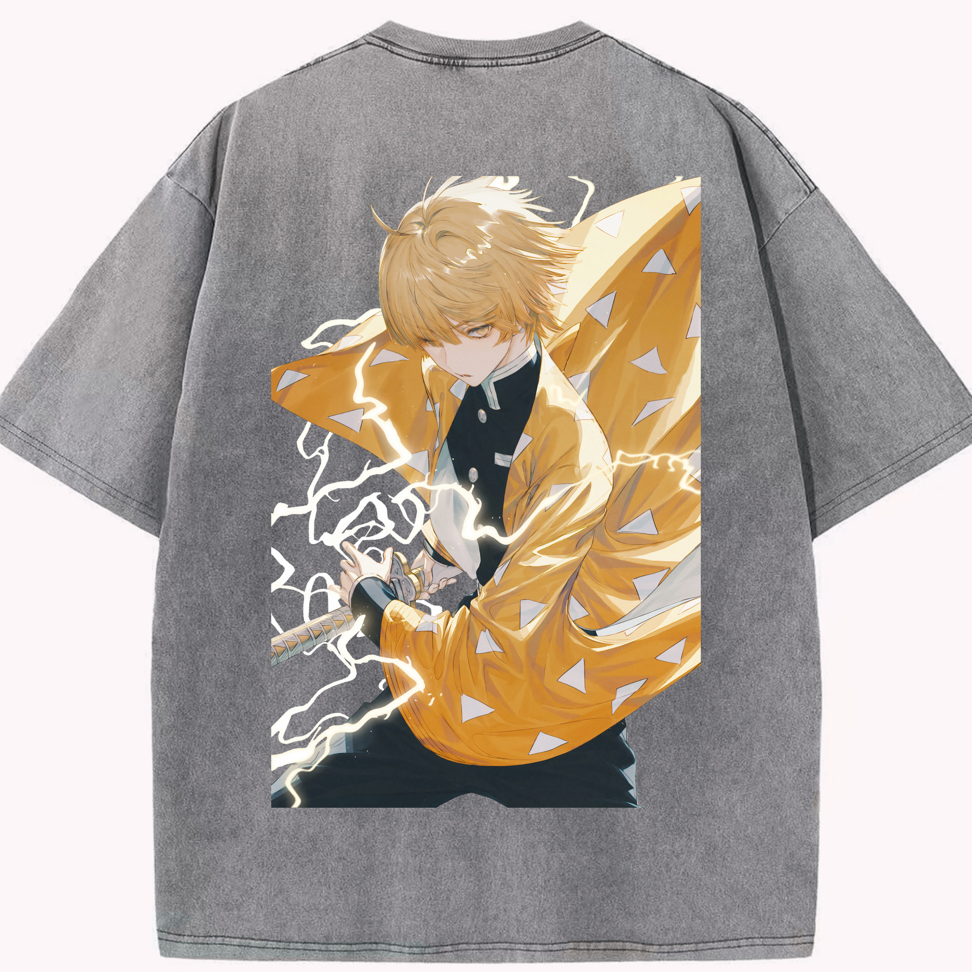 （画像用） 鬼滅の刃（きめつのやいば）我妻 善逸／あがつま ぜんいつ Agatsuma Zenitsu 綿100% ヴィンテージ風 半袖Tシャツ（背面プリント）