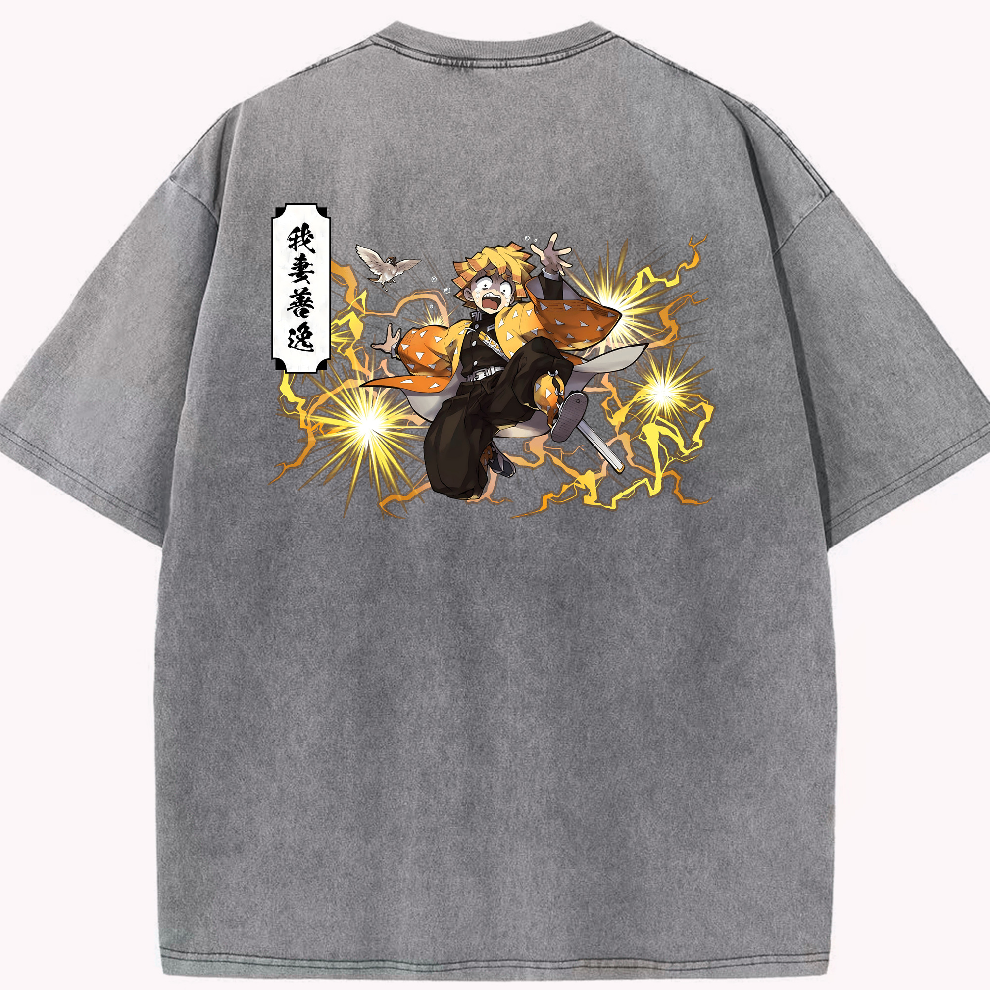（画像用） 鬼滅の刃（きめつのやいば）我妻 善逸／あがつま ぜんいつ Agatsuma Zenitsu 綿100% ヴィンテージ風 半袖Tシャツ（背面プリント）