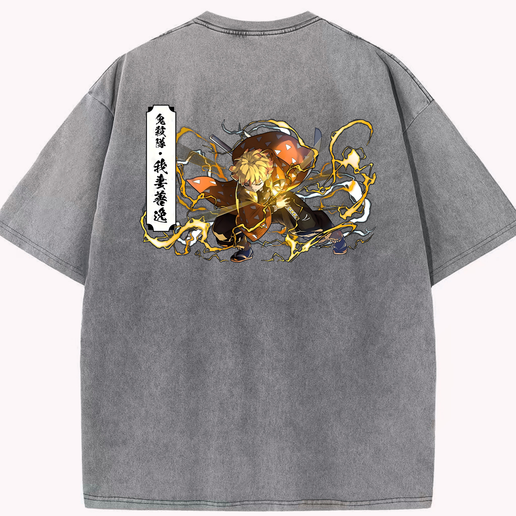 （画像用） 鬼滅の刃（きめつのやいば）我妻 善逸／あがつま ぜんいつ Agatsuma Zenitsu 綿100% ヴィンテージ風 半袖Tシャツ（背面プリント）
