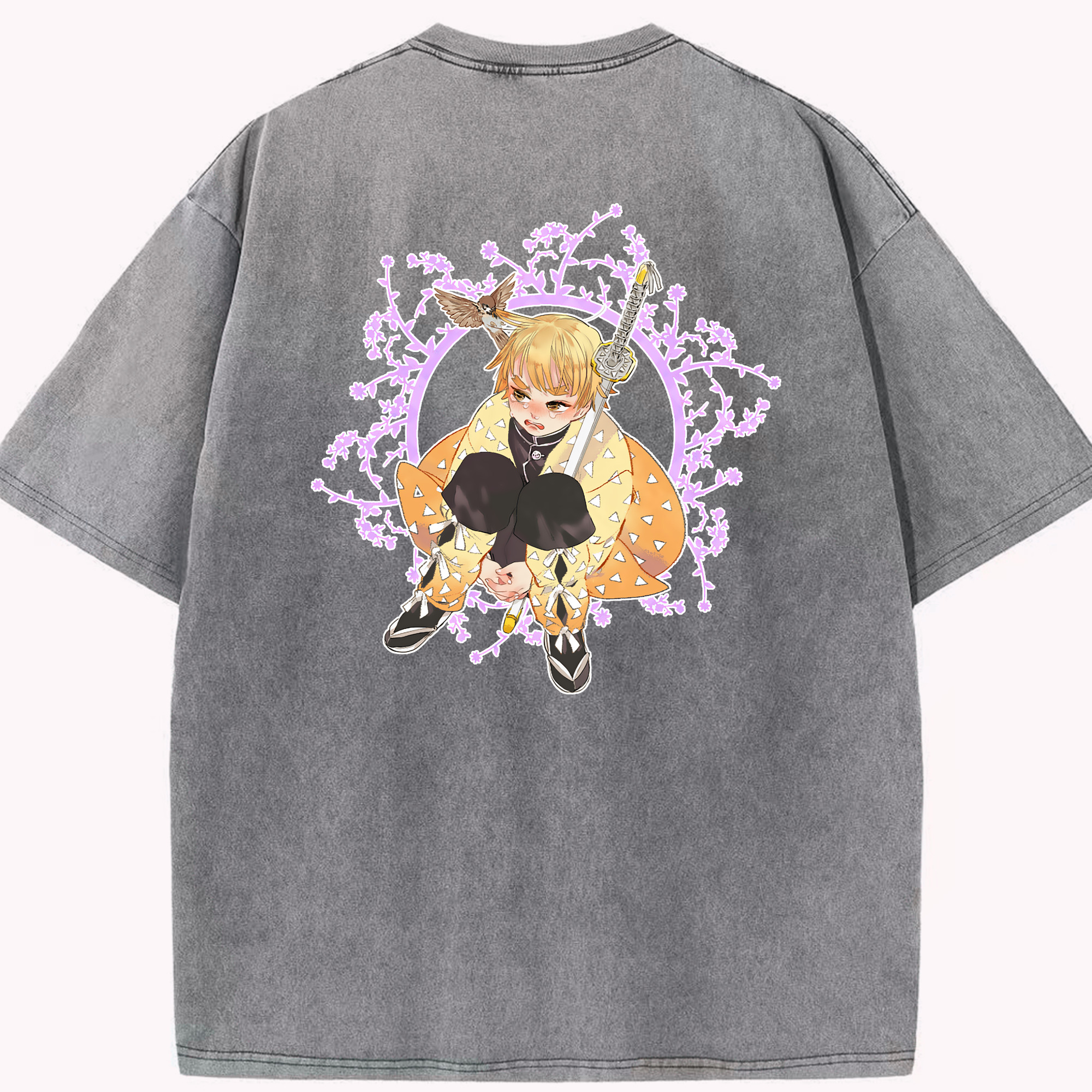 （画像用） 鬼滅の刃（きめつのやいば）我妻 善逸／あがつま ぜんいつ Agatsuma Zenitsu 綿100% ヴィンテージ風 半袖Tシャツ（背面プリント）