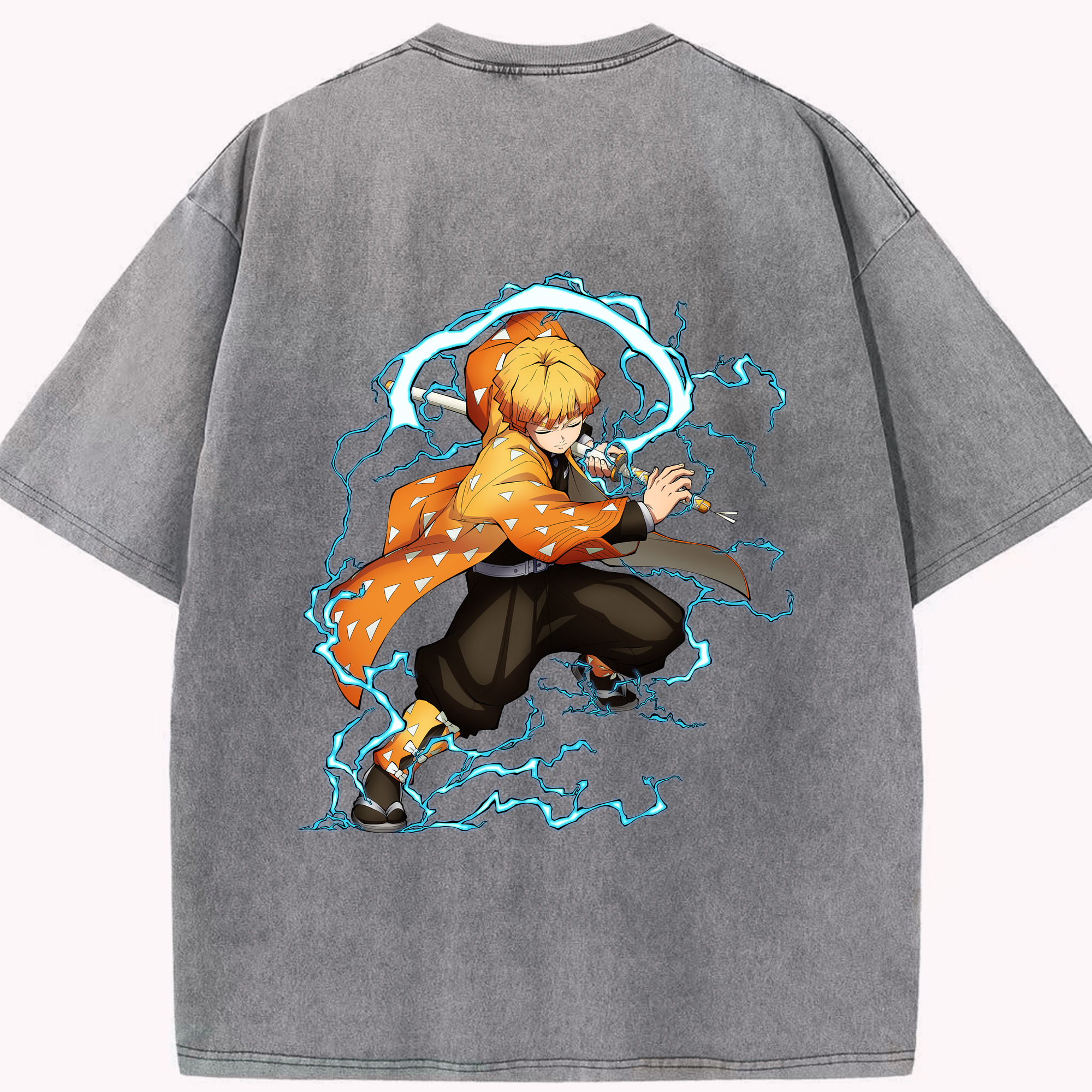 （画像用） 鬼滅の刃（きめつのやいば）我妻 善逸／あがつま ぜんいつ Agatsuma Zenitsu 綿100% ヴィンテージ風 半袖Tシャツ（背面プリント）