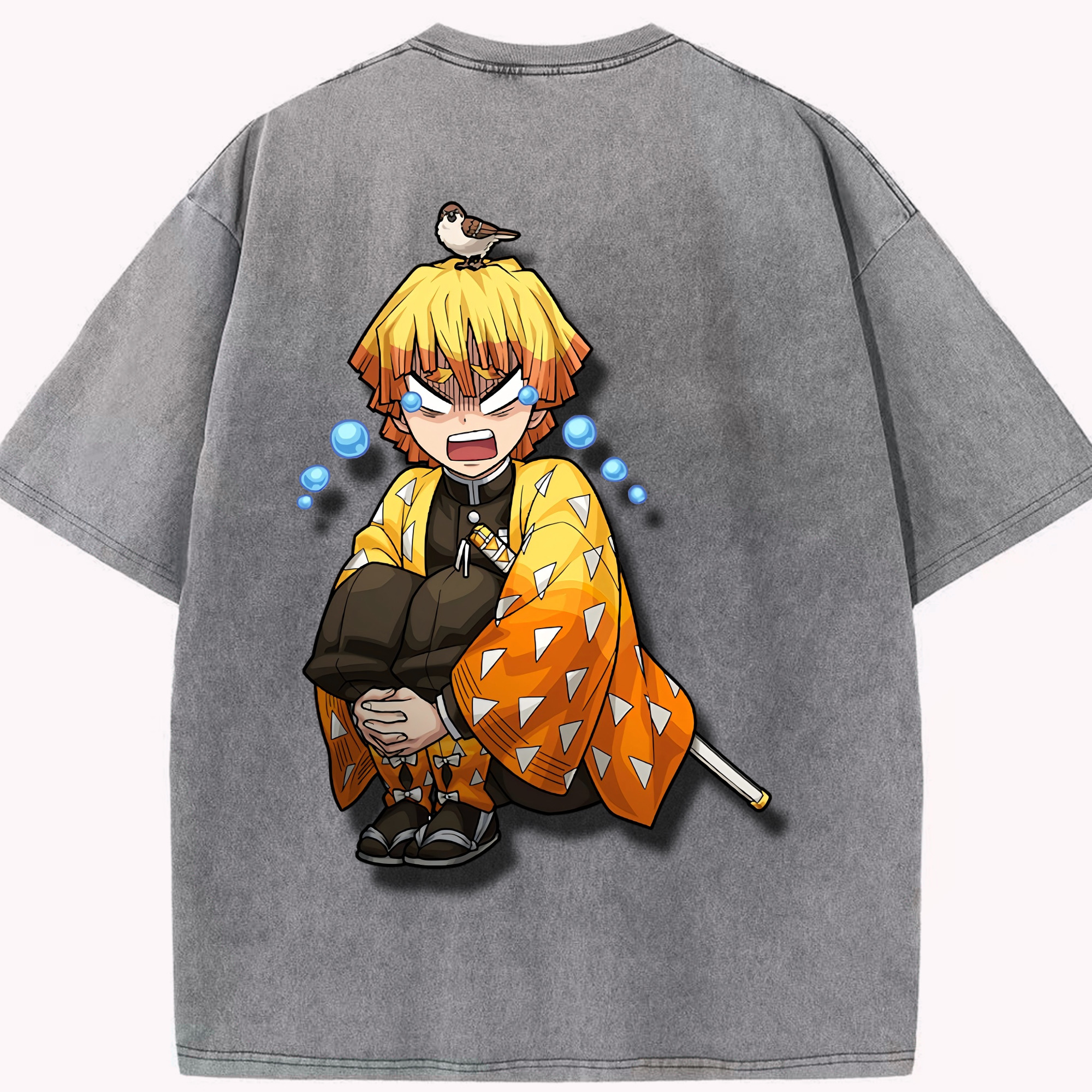 （画像用） 鬼滅の刃（きめつのやいば）我妻 善逸／あがつま ぜんいつ Agatsuma Zenitsu 綿100% ヴィンテージ風 半袖Tシャツ（背面プリント）