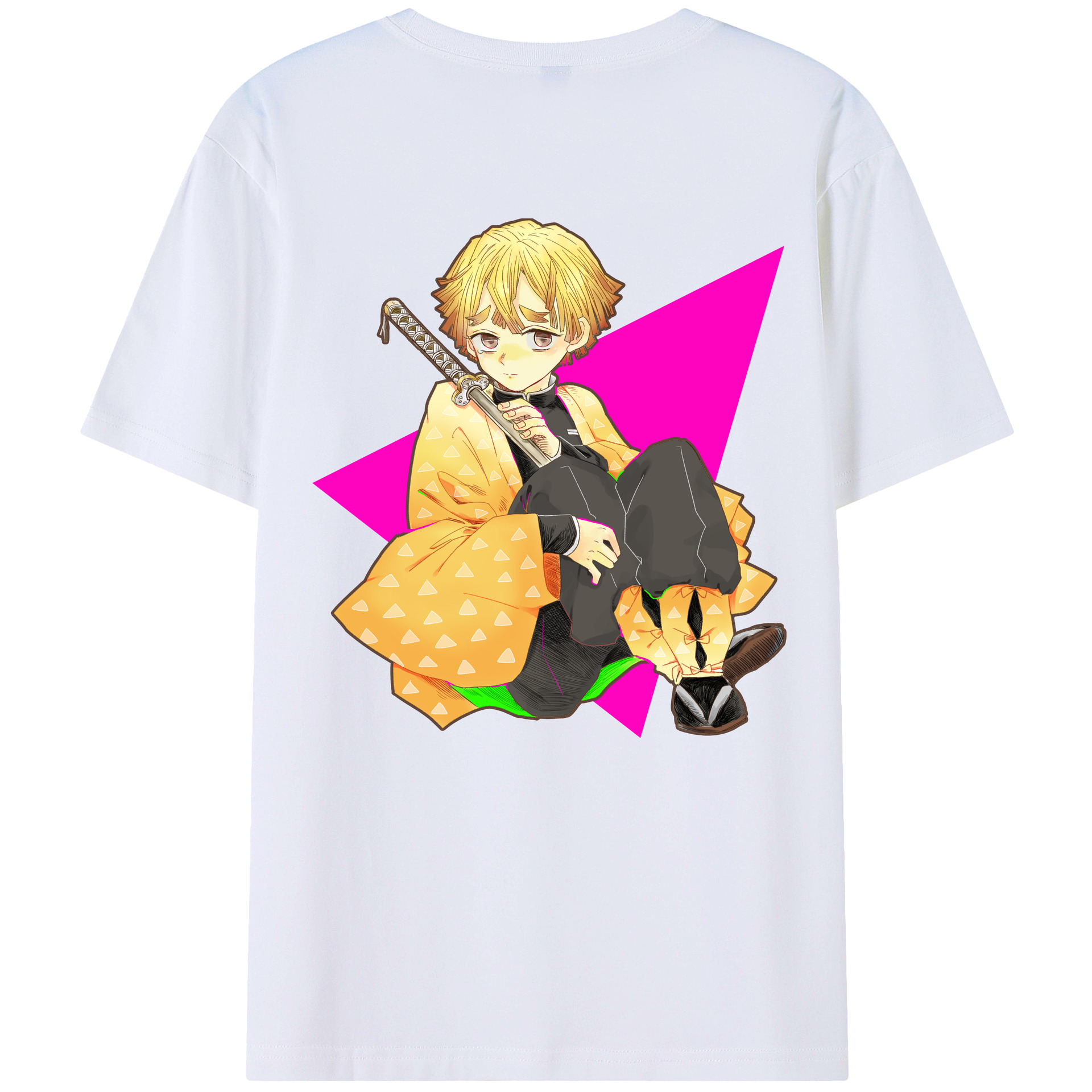 （画像用） 鬼滅の刃（きめつのやいば）我妻 善逸／あがつま ぜんいつ Agatsuma Zenitsu 綿100％ メンズ半袖Tシャツ（バックプリント） 通気性