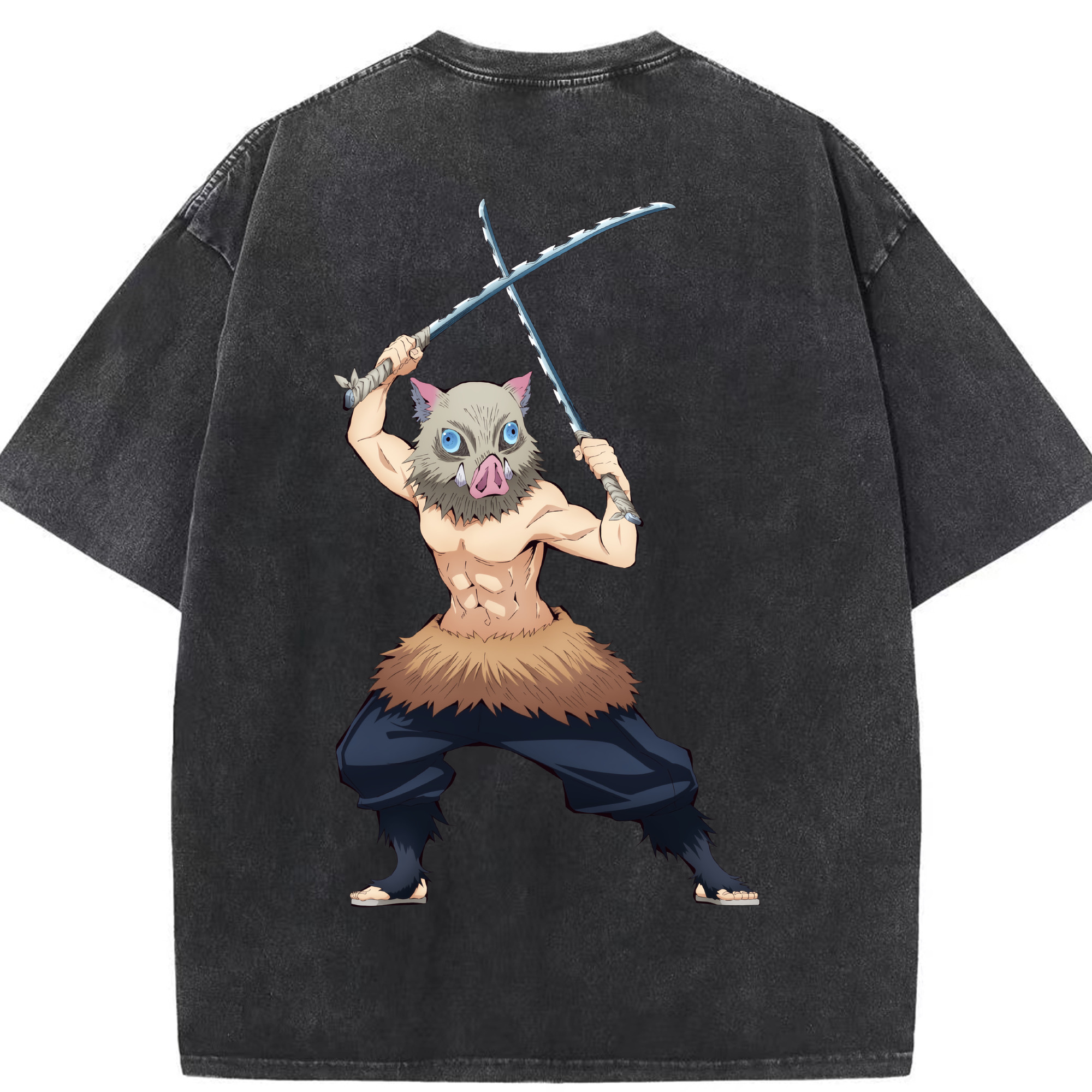 （画像用） 鬼滅の刃（きめつのやいば）嘴平 伊之助／はしびら いのすけ Hashibira Inosuke 綿100% ヴィンテージ風 半袖Tシャツ（背面プリント）