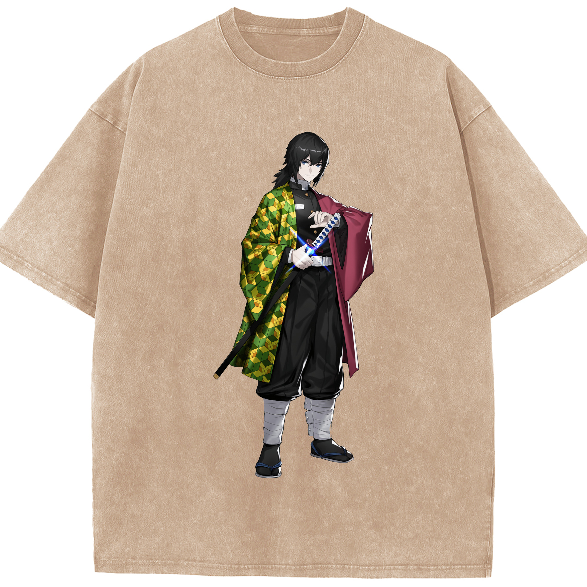 （画像用） 鬼滅の刃（きめつのやいば）水柱-冨岡 義勇／とみおか ぎゆう Tomioka Giyuu 綿100% ヴィンテージ風 半袖Tシャツ（フロントプリント）