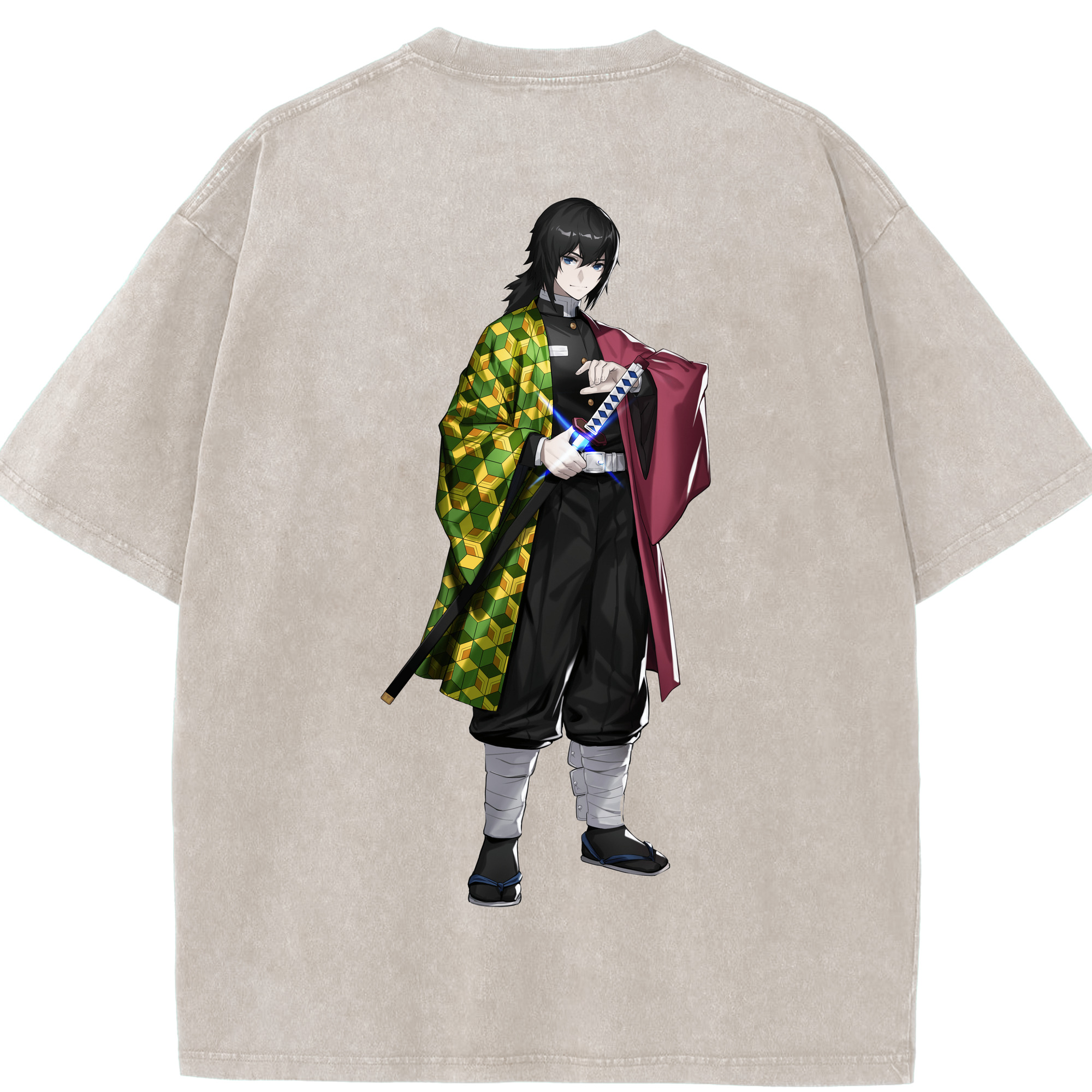 （画像用） 鬼滅の刃（きめつのやいば）水柱-冨岡 義勇／とみおか ぎゆう Tomioka Giyuu 綿100% ヴィンテージ風 半袖Tシャツ（背面プリント）