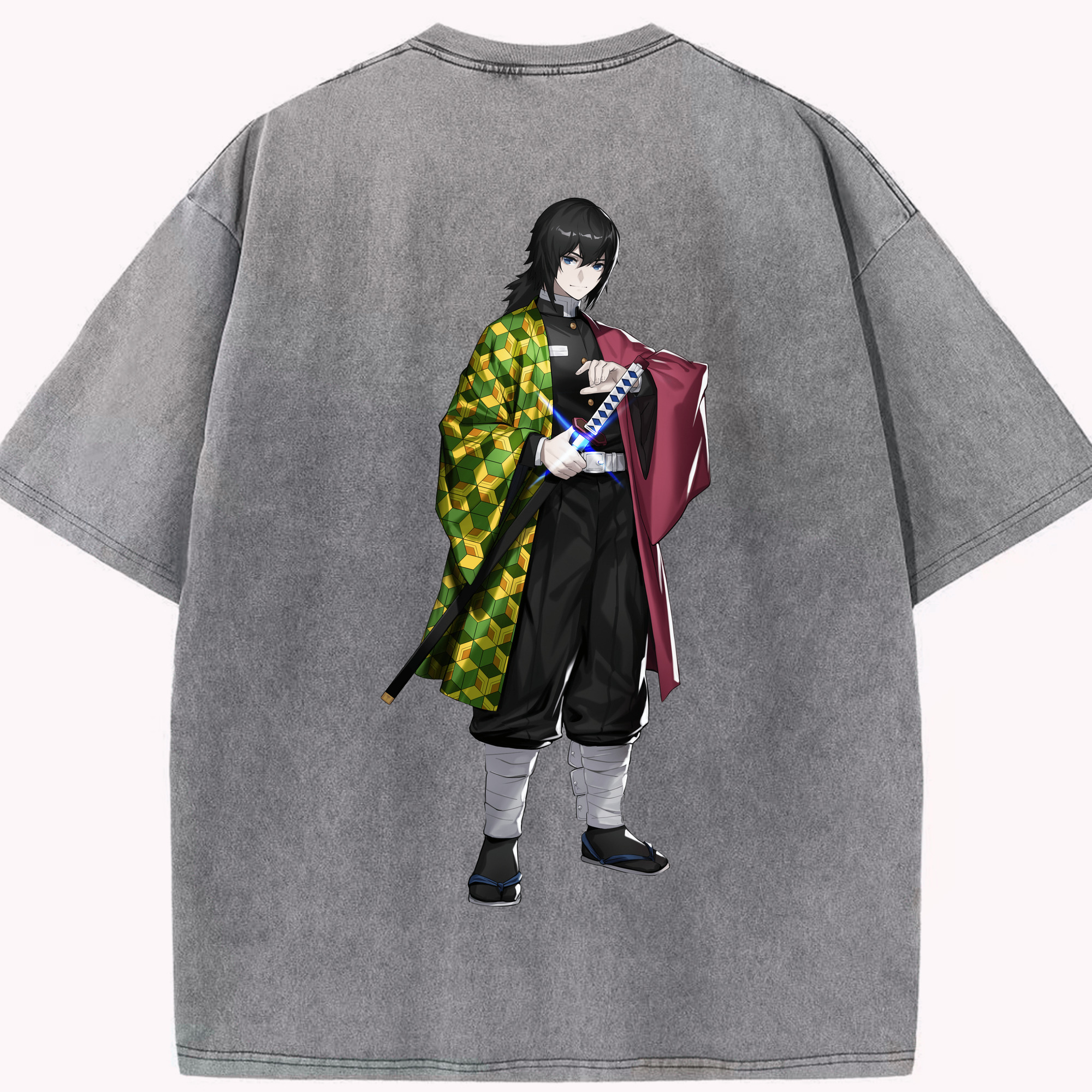 （画像用） 鬼滅の刃（きめつのやいば）水柱-冨岡 義勇／とみおか ぎゆう Tomioka Giyuu 綿100% ヴィンテージ風 半袖Tシャツ（背面プリント）