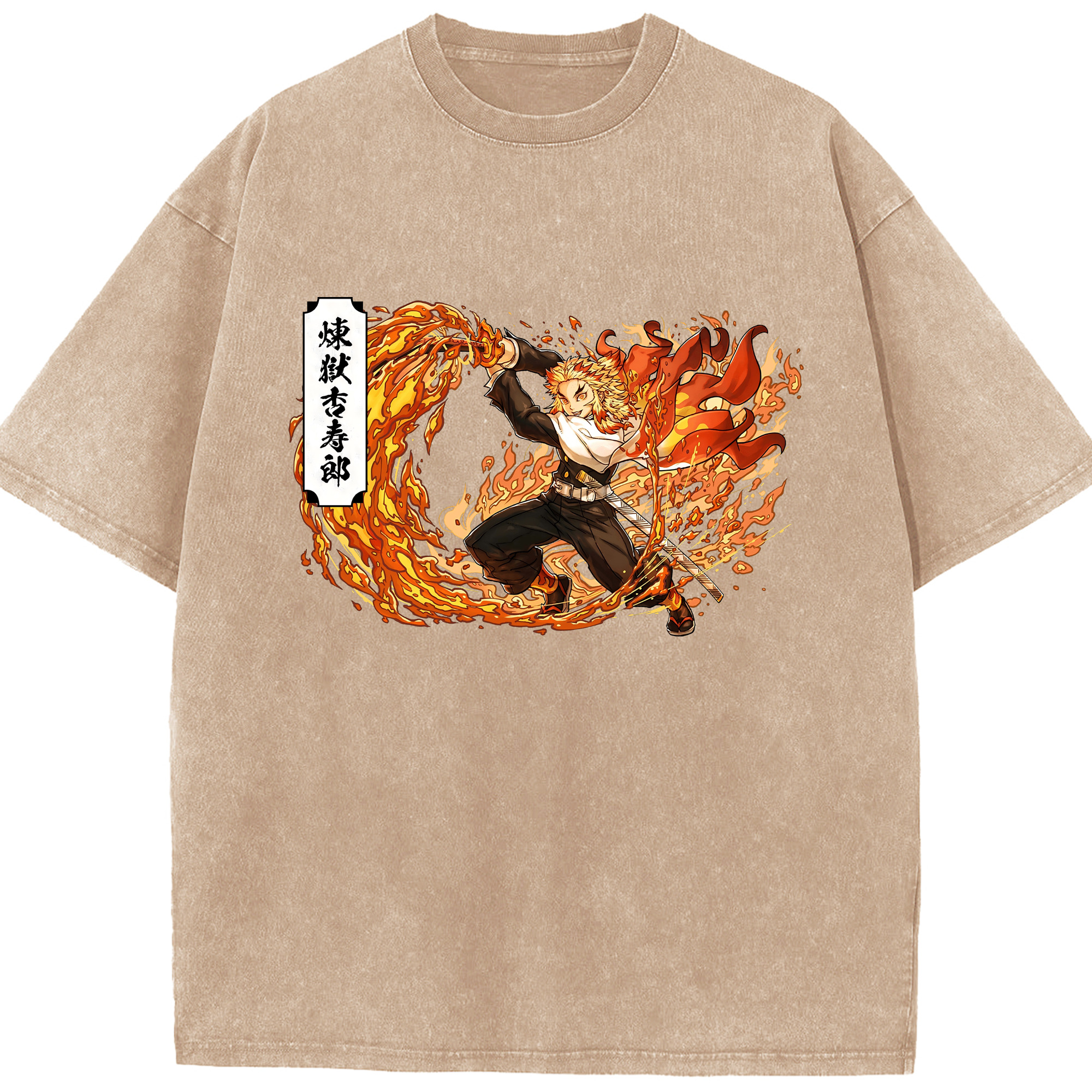 （画像用） 鬼滅の刃（きめつのやいば）炎柱-煉󠄁獄 杏寿郎／れんごく きょうじゅろう Rengoku Kyoujurou 綿100% ヴィンテージ風 半袖Tシャツ（フロントプリント）