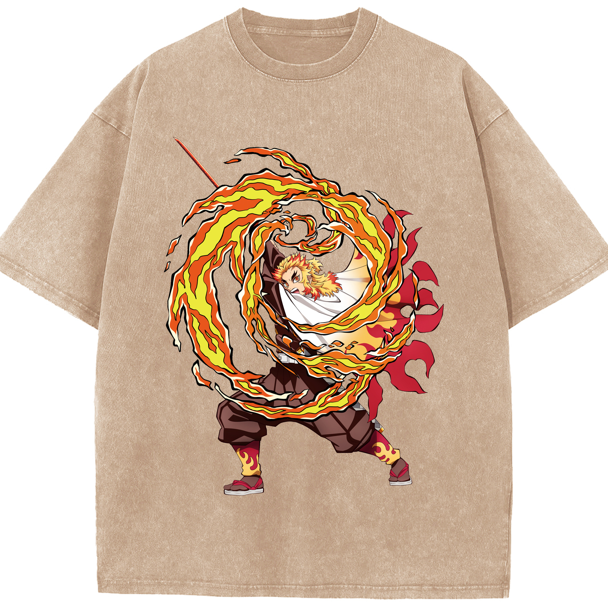 （画像用） 鬼滅の刃（きめつのやいば）炎柱-煉󠄁獄 杏寿郎／れんごく きょうじゅろう Rengoku Kyoujurou 綿100% ヴィンテージ風 半袖Tシャツ（フロントプリント）