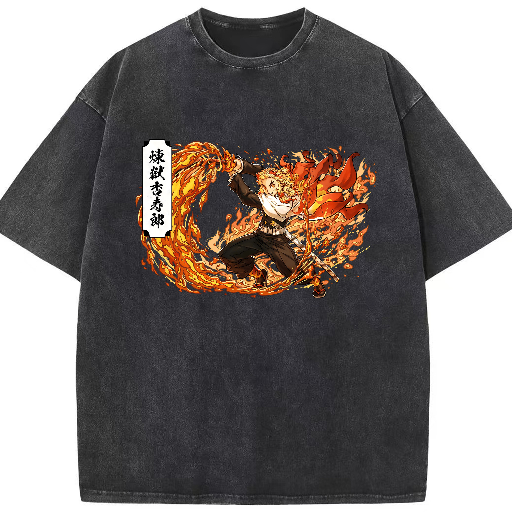 （画像用） 鬼滅の刃（きめつのやいば）炎柱-煉󠄁獄 杏寿郎／れんごく きょうじゅろう Rengoku Kyoujurou 綿100% ヴィンテージ風 半袖Tシャツ（フロントプリント）