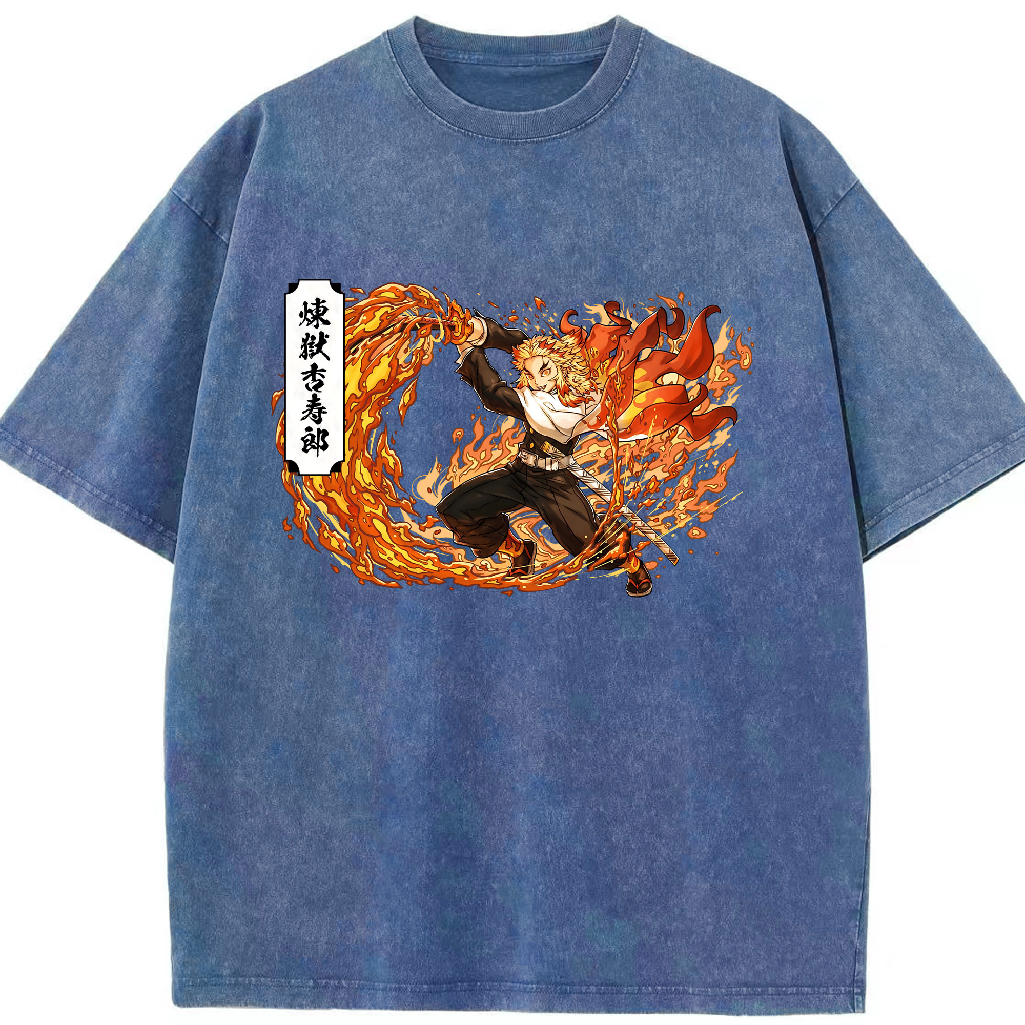 （画像用） 鬼滅の刃（きめつのやいば）炎柱-煉󠄁獄 杏寿郎／れんごく きょうじゅろう Rengoku Kyoujurou 綿100% ヴィンテージ風 半袖Tシャツ（フロントプリント）