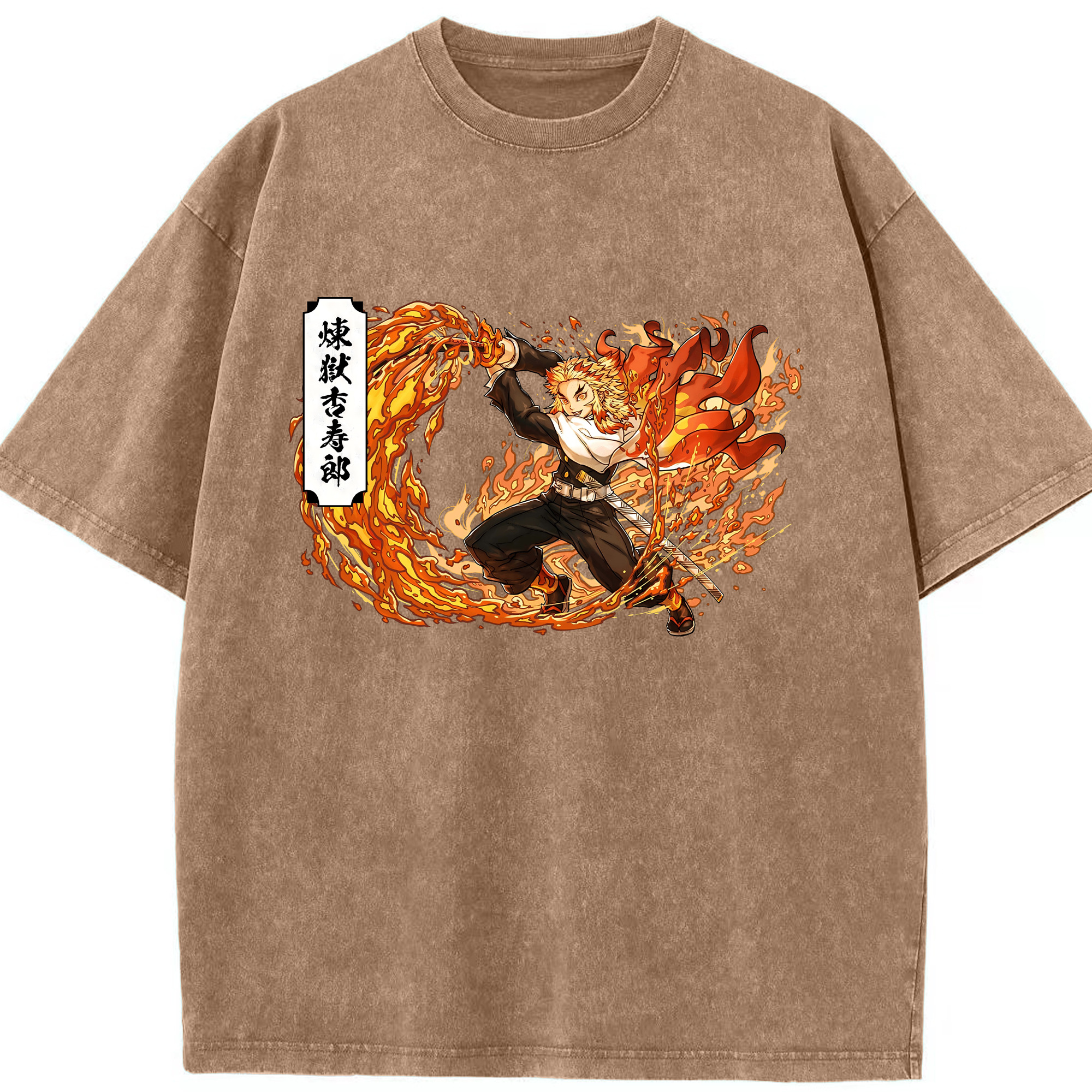 （画像用） 鬼滅の刃（きめつのやいば）炎柱-煉󠄁獄 杏寿郎／れんごく きょうじゅろう Rengoku Kyoujurou 綿100% ヴィンテージ風 半袖Tシャツ（フロントプリント）
