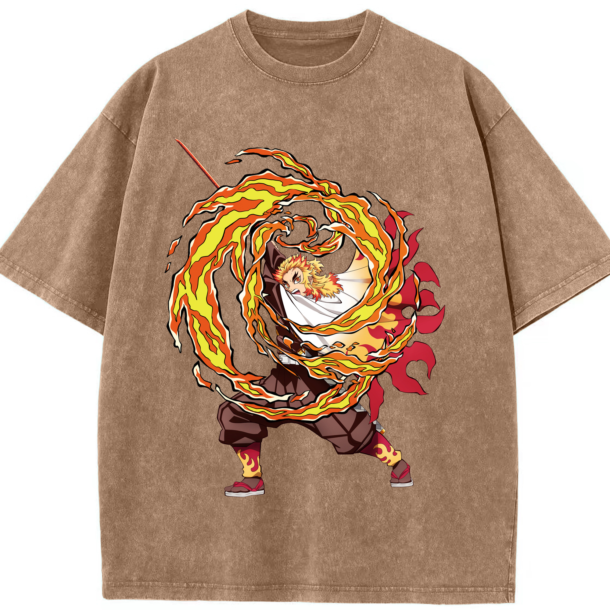 （画像用） 鬼滅の刃（きめつのやいば）炎柱-煉󠄁獄 杏寿郎／れんごく きょうじゅろう Rengoku Kyoujurou 綿100% ヴィンテージ風 半袖Tシャツ（フロントプリント）