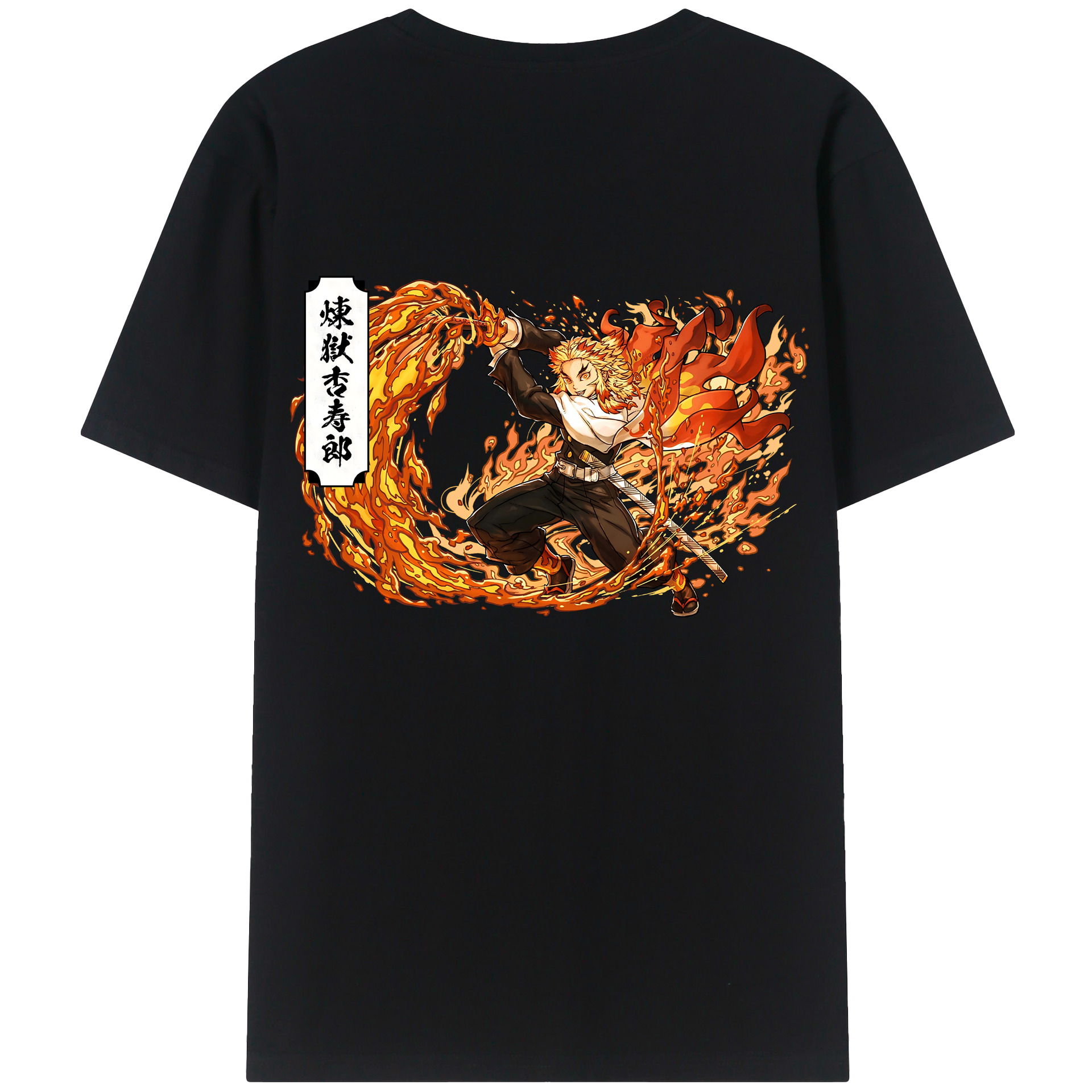 （画像用） 鬼滅の刃（きめつのやいば）炎柱-煉󠄁獄 杏寿郎／れんごく きょうじゅろう Rengoku Kyoujurou 綿100％ メンズ半袖Tシャツ（バックプリント） 通気性