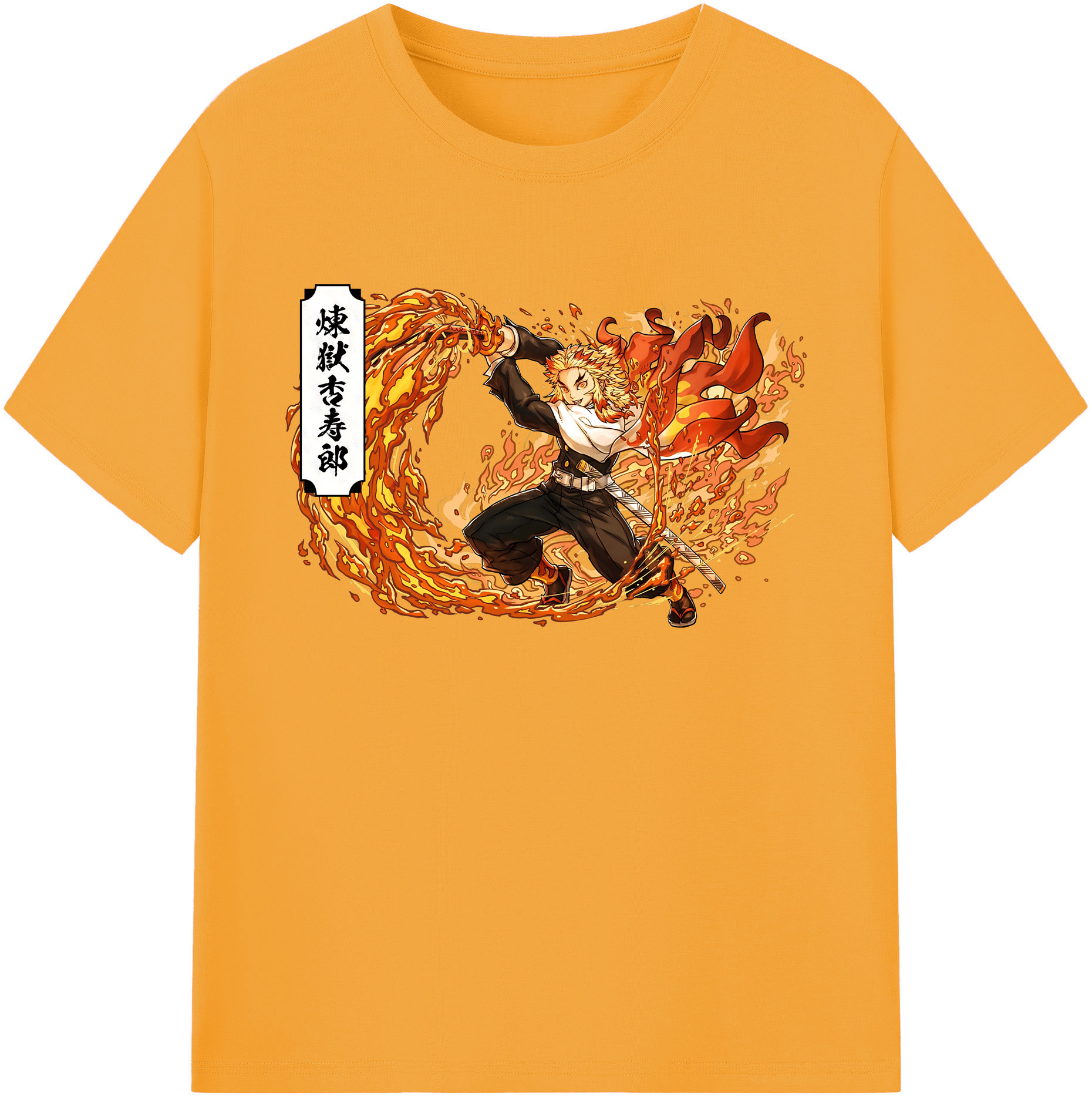 （画像用） 鬼滅の刃（きめつのやいば）炎柱-煉󠄁獄 杏寿郎／れんごく きょうじゅろう Rengoku Kyoujurou 綿100％ メンズ半袖Tシャツ｜肌触りやわらか＆通気性