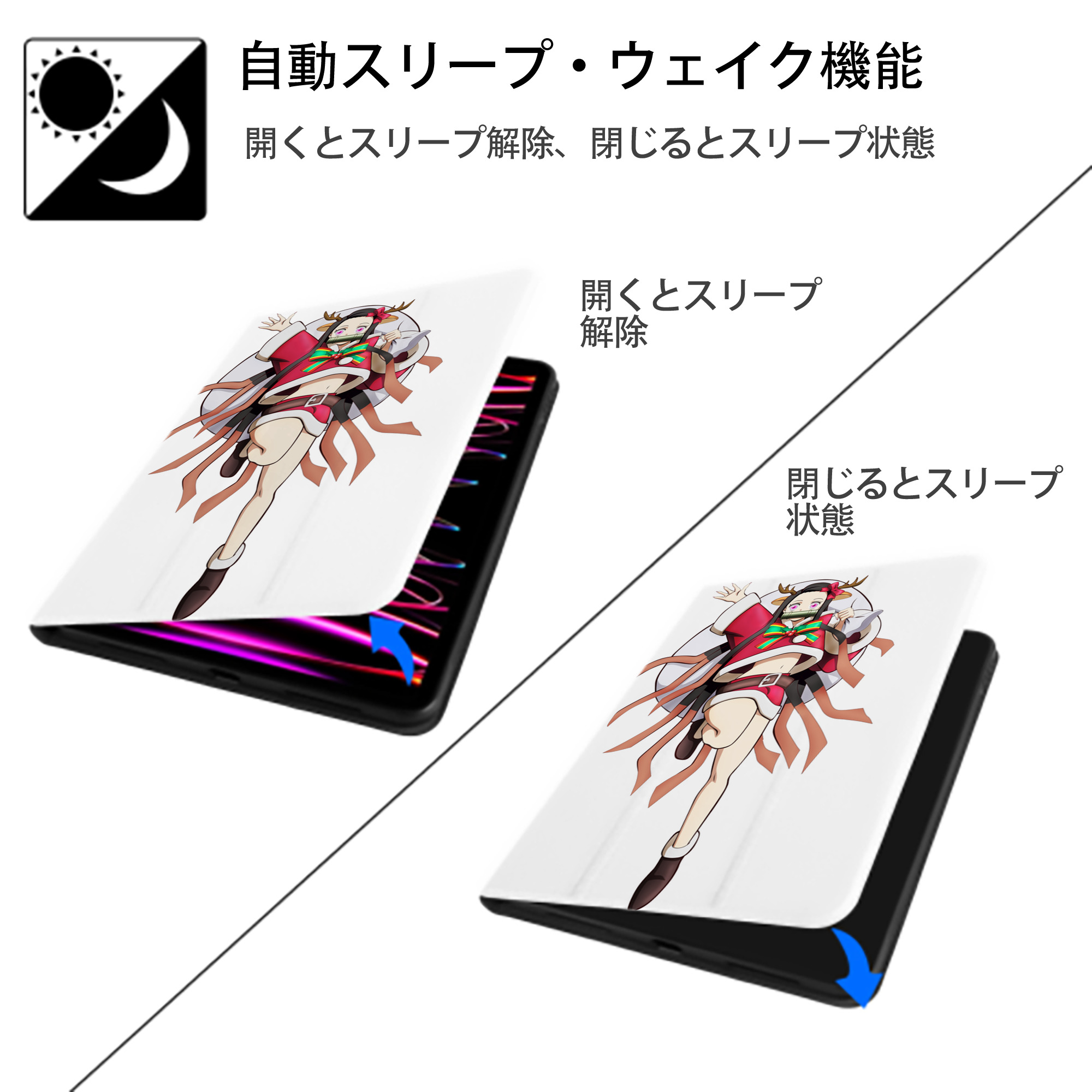鬼滅の刃（きめつのやいば）竈門 禰󠄀豆子／かまど ねずこ Kamado Nezuko IPad ケース ペン収納付き 三つ折りスタンド PUレザー×シリコン 対応機種9.5/10.5/10.9インチ