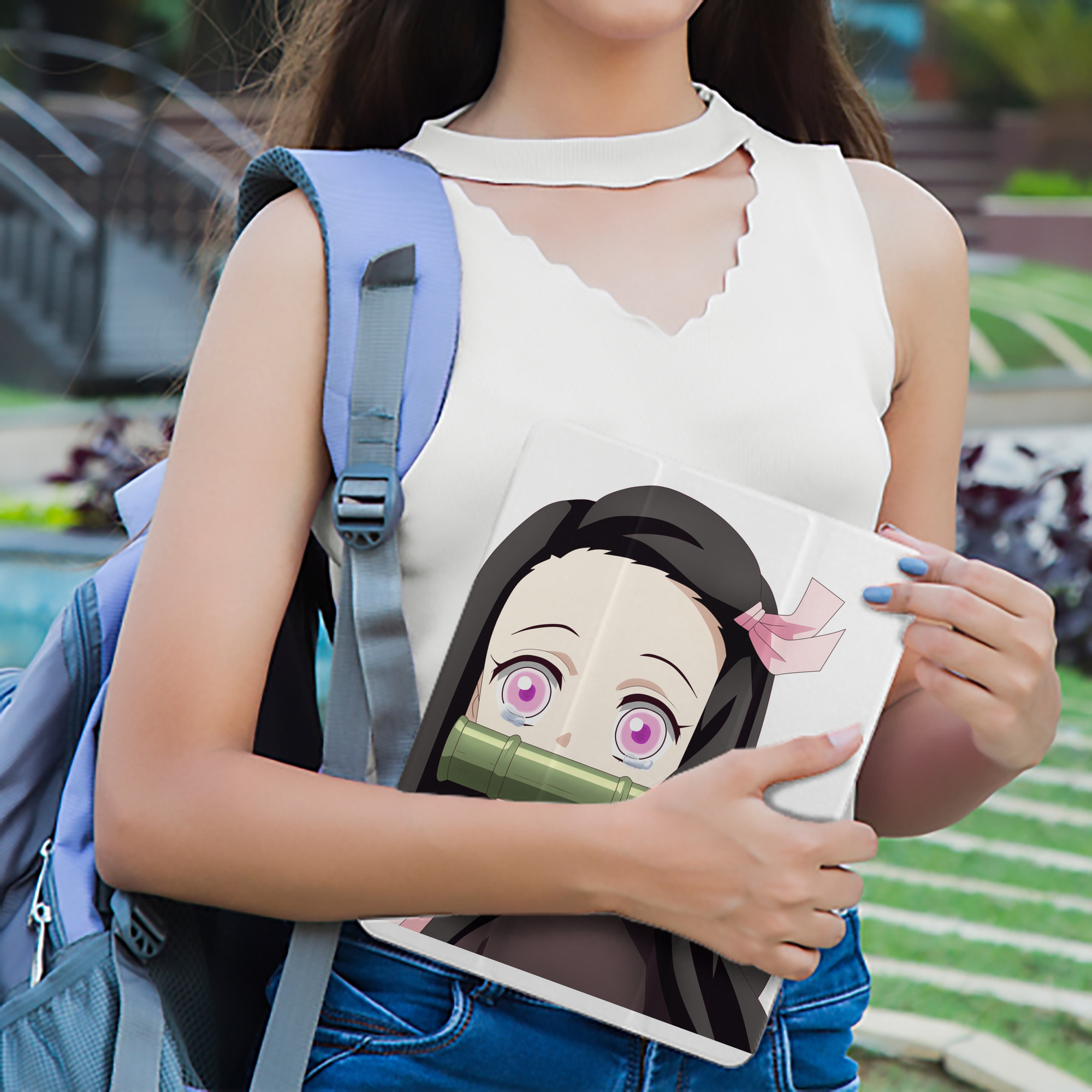 鬼滅の刃（きめつのやいば）竈門 禰󠄀豆子／かまど ねずこ Kamado Nezuko IPad ケース ペン収納付き 三つ折りスタンド PUレザー×シリコン 対応機種9.5/10.5/10.9インチ