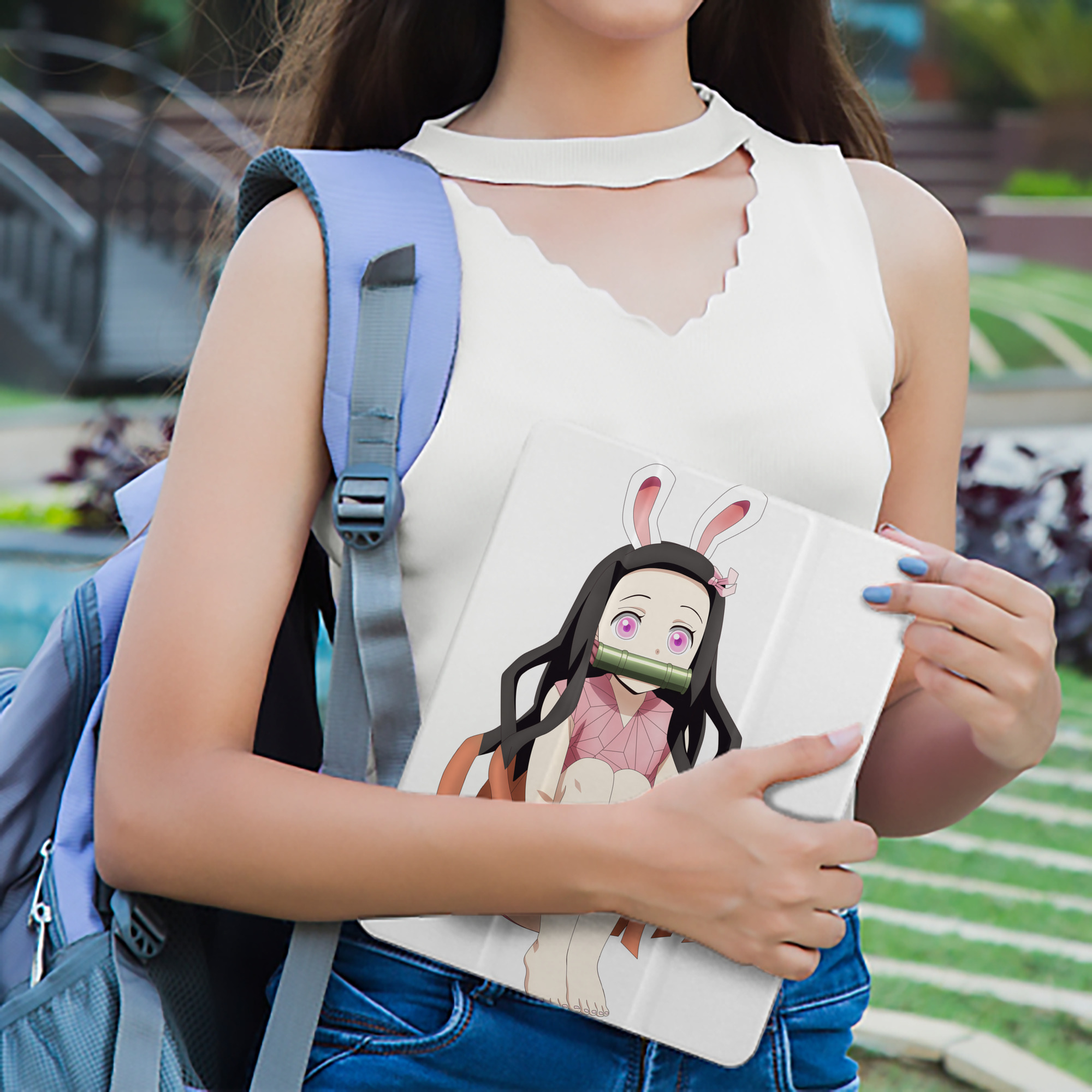 鬼滅の刃（きめつのやいば）竈門 禰󠄀豆子／かまど ねずこ Kamado Nezuko IPad ケース ペン収納付き 三つ折りスタンド PUレザー×シリコン 対応機種9.5/10.5/10.9インチ