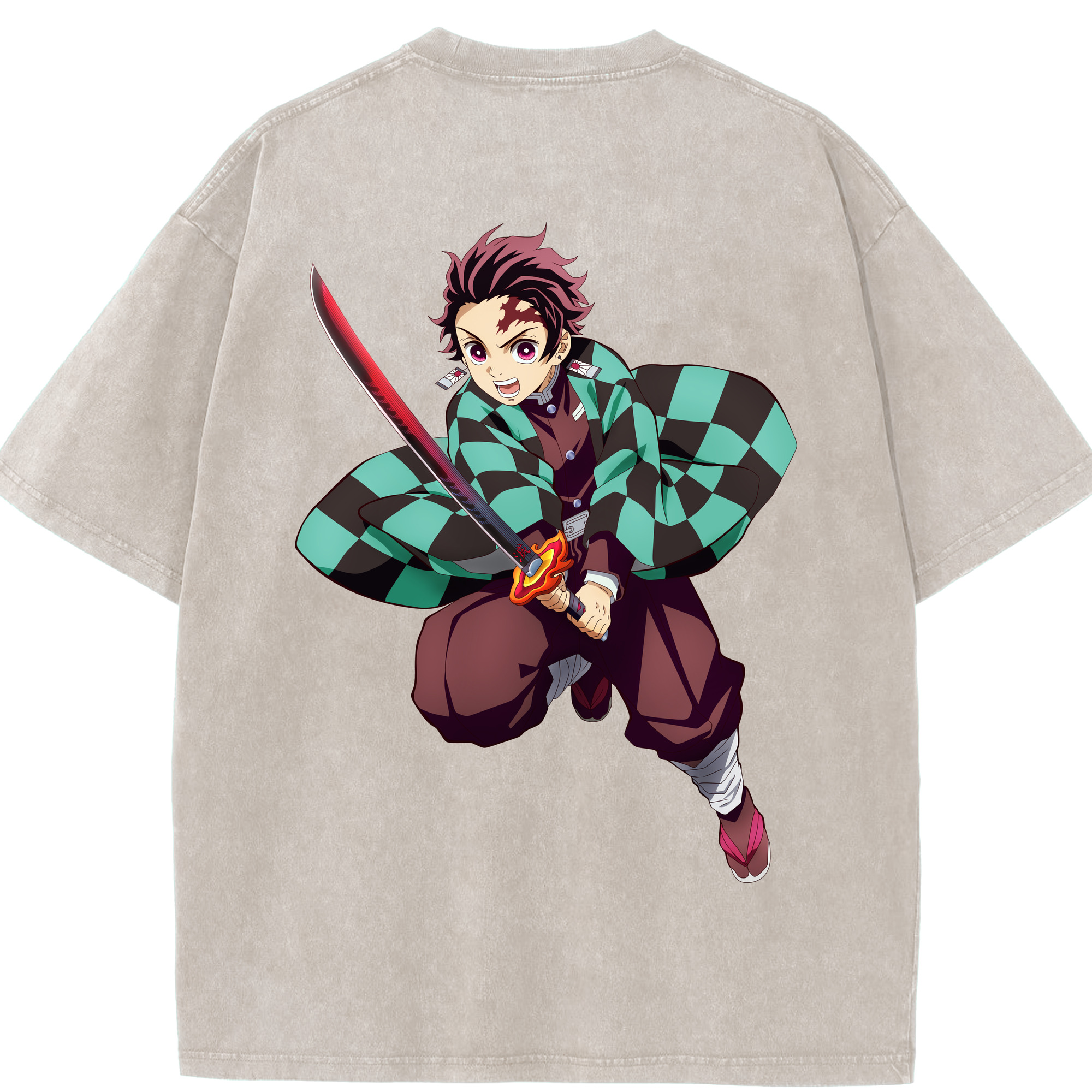 （画像用） 鬼滅の刃 竈門 炭治郎／かまど たんじろう Kamado Tanjirou 綿100% ヴィンテージ風 半袖Tシャツ（背面プリント）