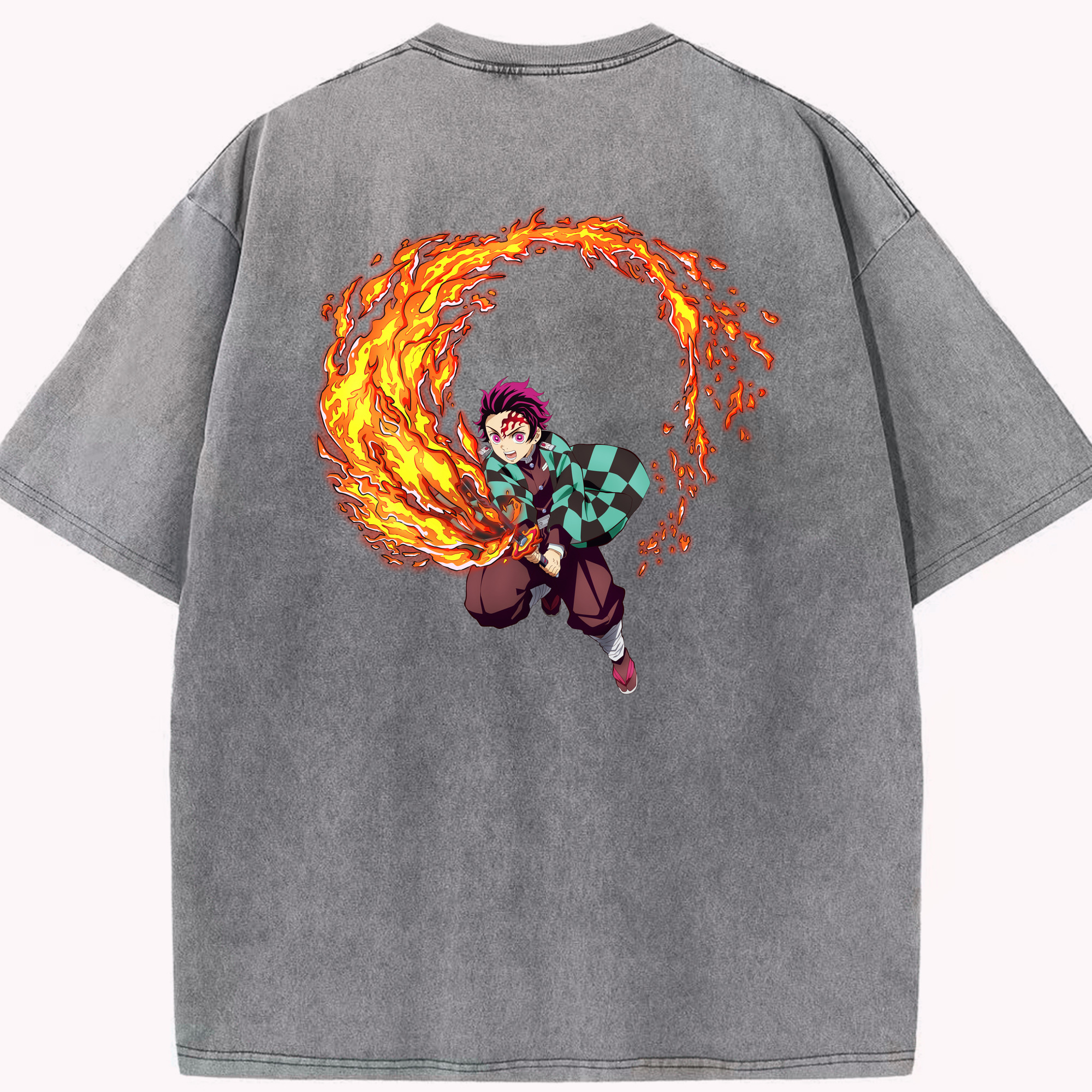 （画像用） 鬼滅の刃 竈門 炭治郎／かまど たんじろう Kamado Tanjirou 綿100% ヴィンテージ風 半袖Tシャツ（背面プリント）