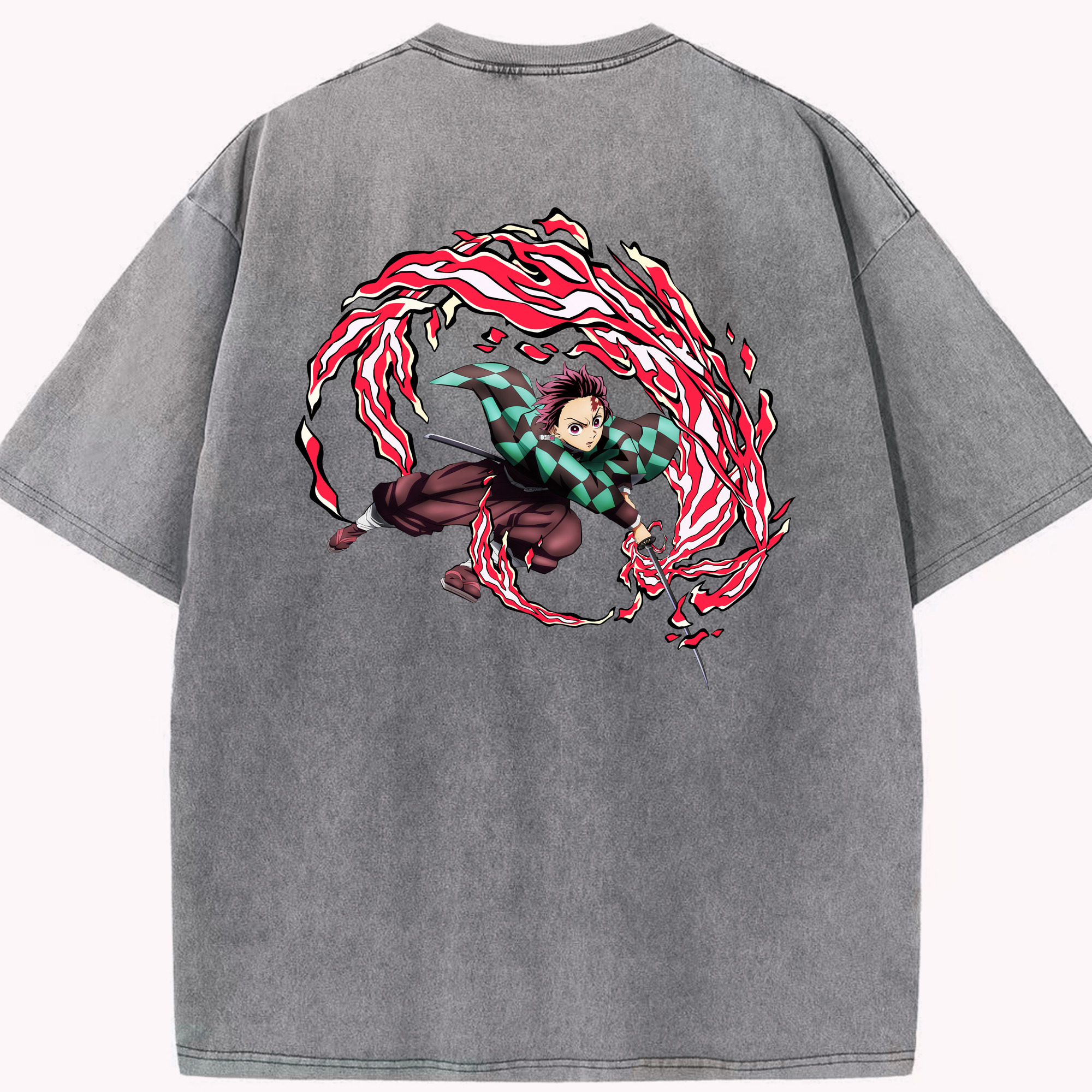 （画像用） 鬼滅の刃 竈門 炭治郎／かまど たんじろう Kamado Tanjirou 綿100% ヴィンテージ風 半袖Tシャツ（背面プリント）