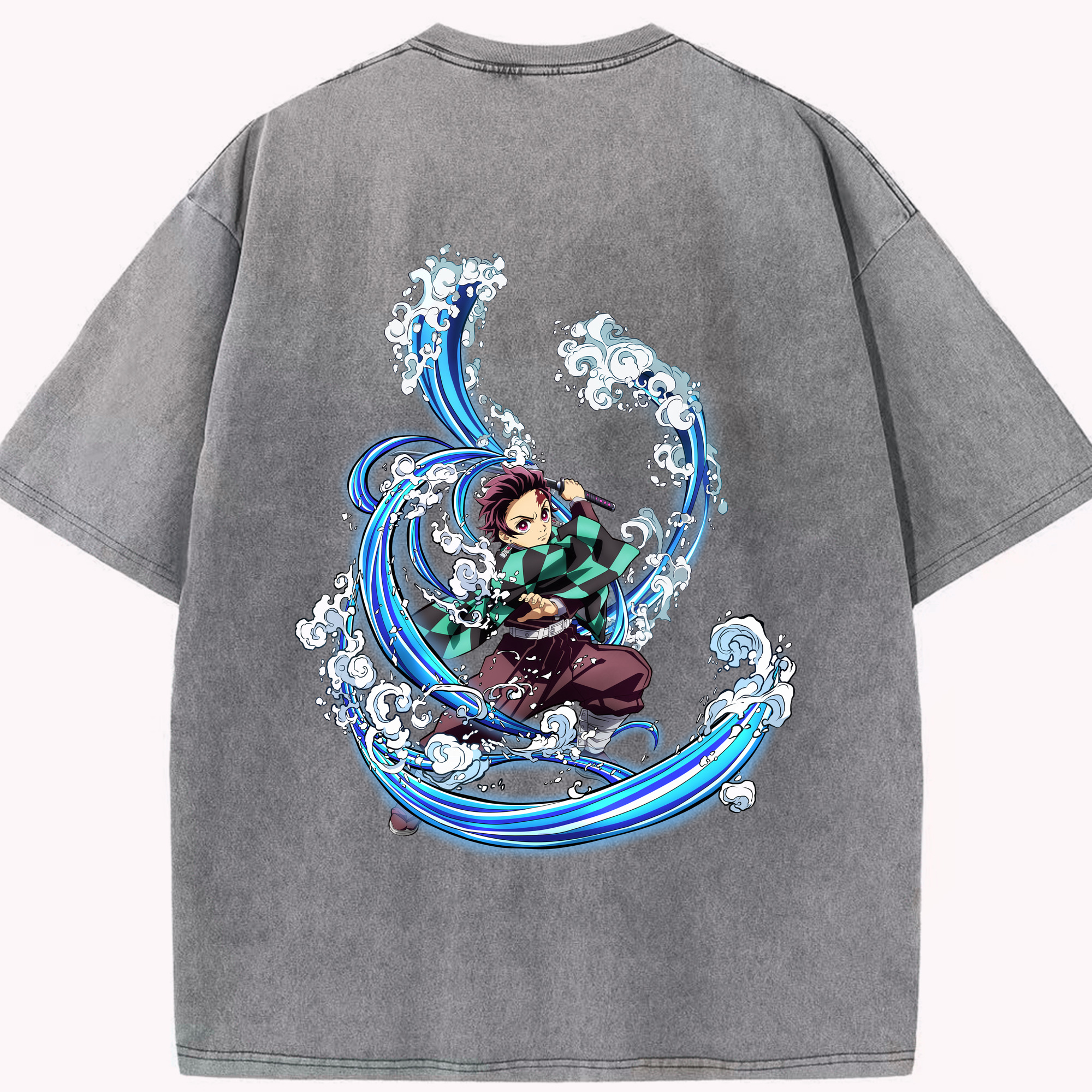（画像用） 鬼滅の刃 竈門 炭治郎／かまど たんじろう Kamado Tanjirou 綿100% ヴィンテージ風 半袖Tシャツ（背面プリント）