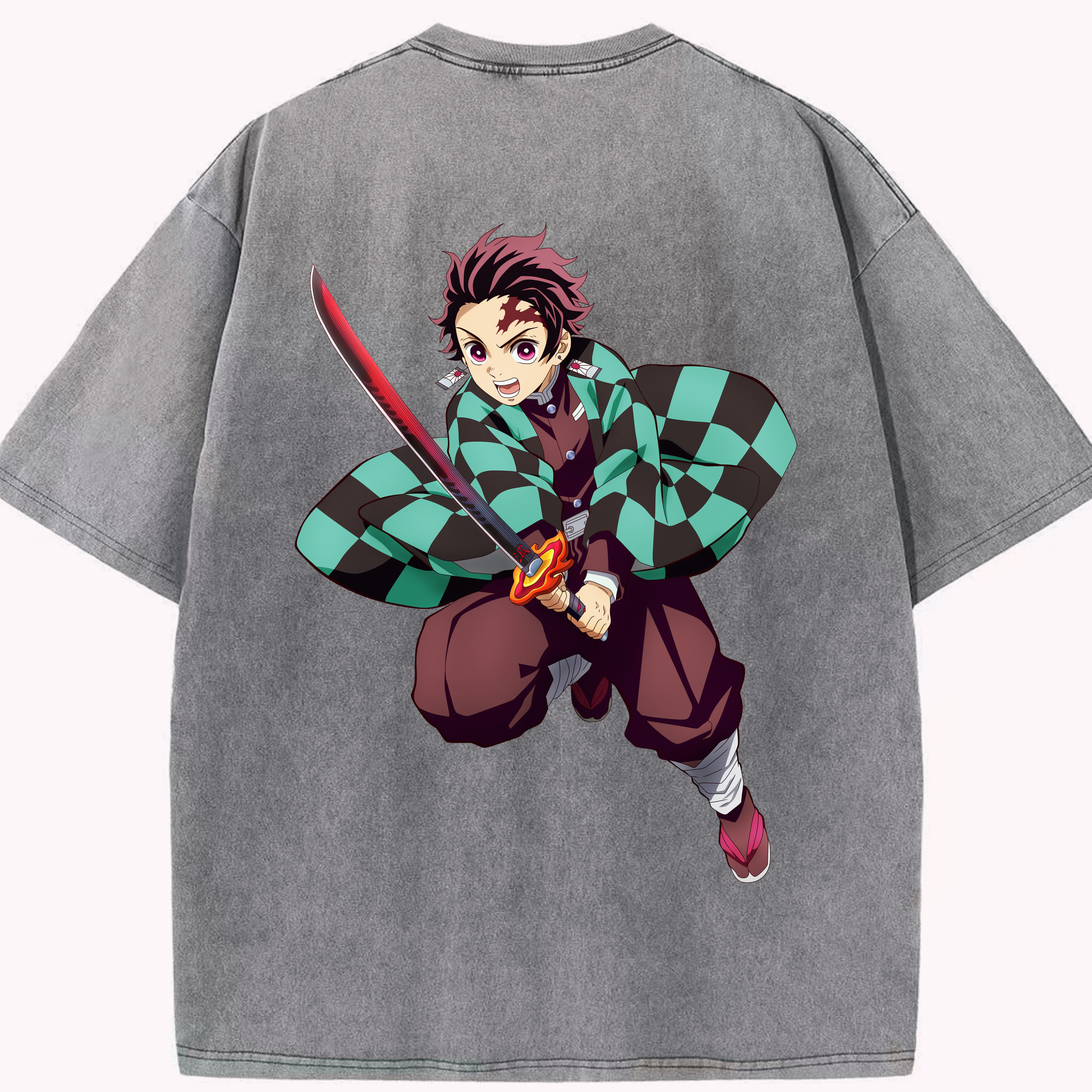 （画像用） 鬼滅の刃 竈門 炭治郎／かまど たんじろう Kamado Tanjirou 綿100% ヴィンテージ風 半袖Tシャツ（背面プリント）
